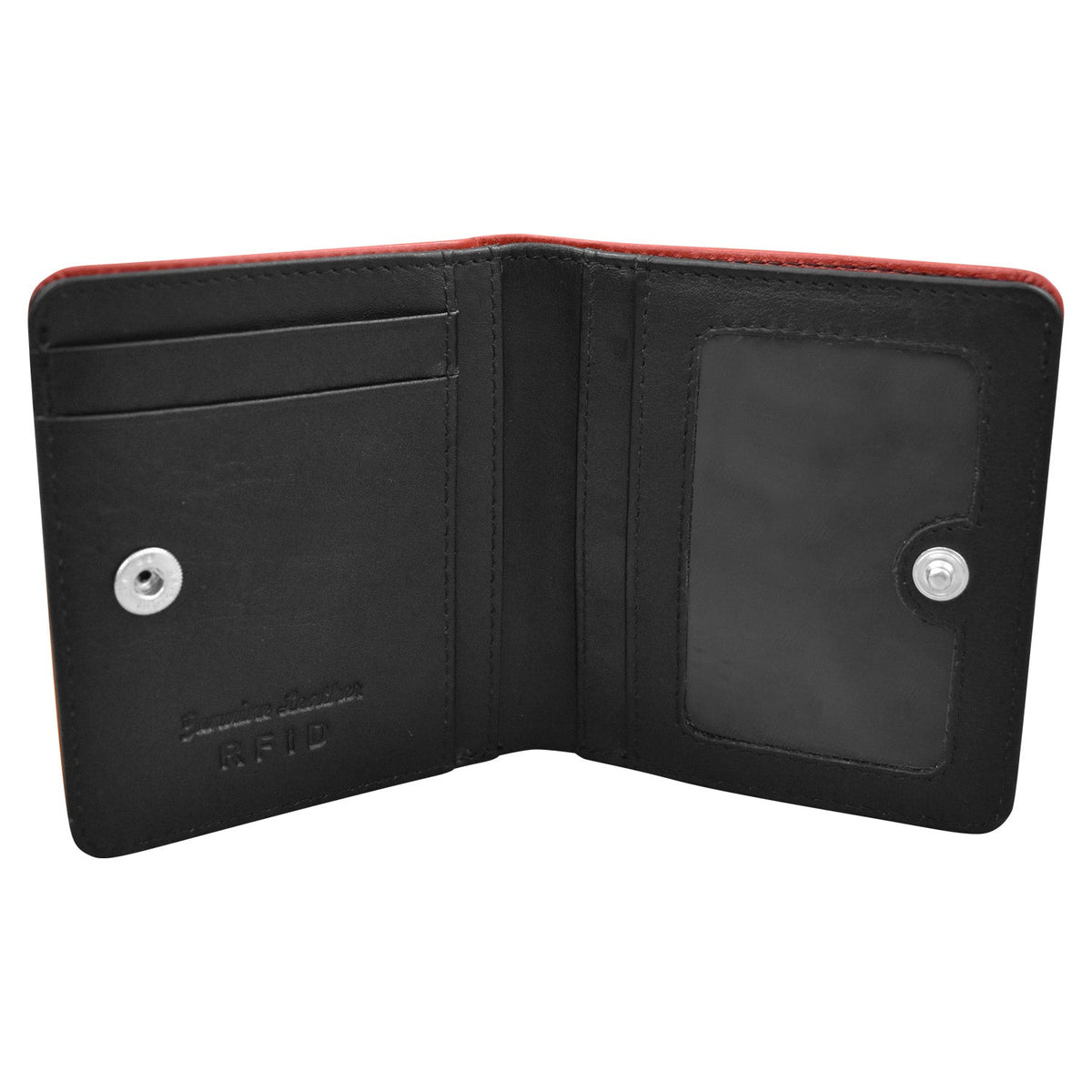 Black leather wallet with a red interior on a white background