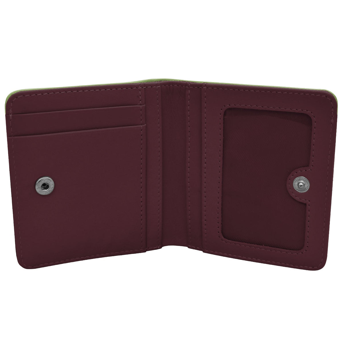 Open maroon leather wallet on a white background