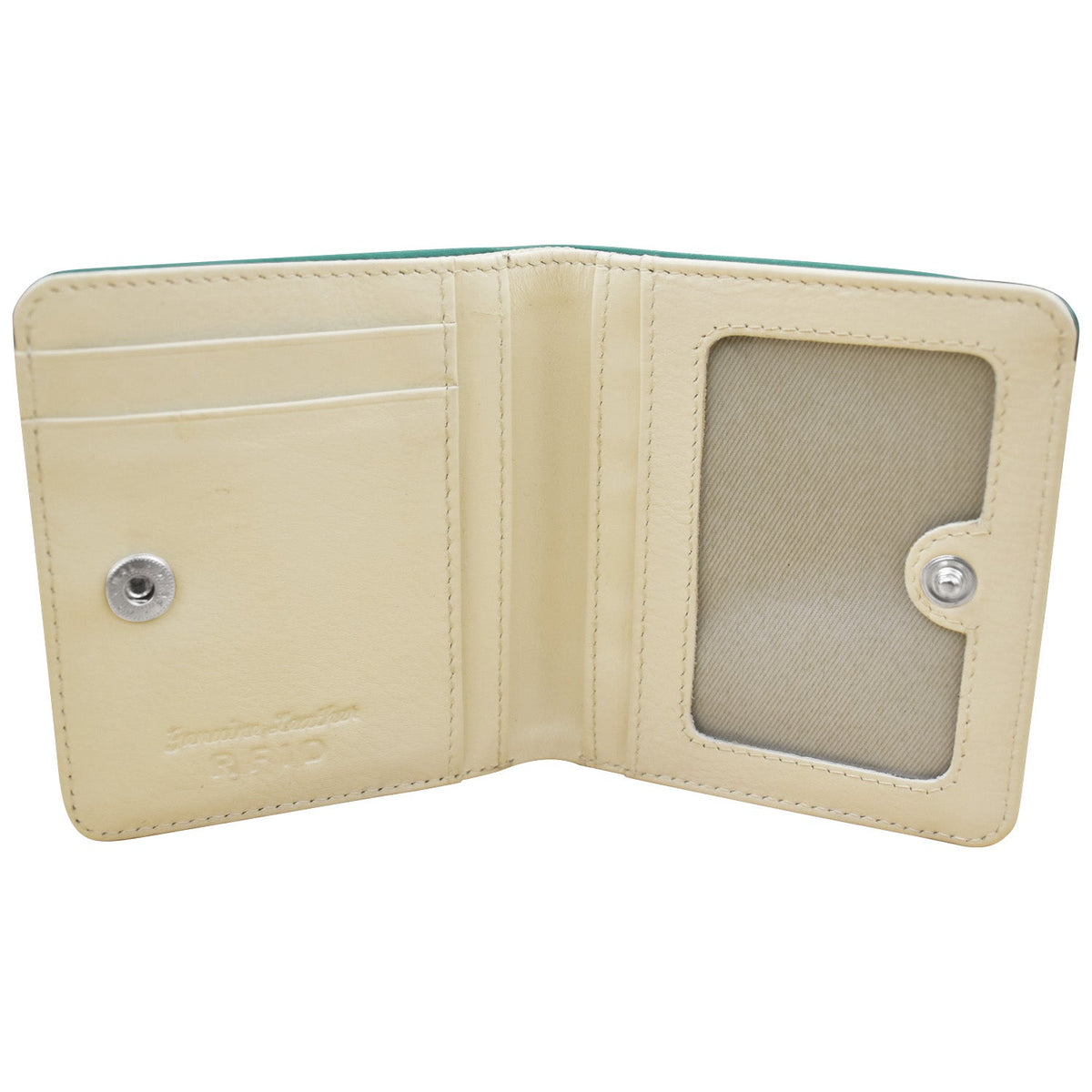 Beige wallet with a windowed card holder on a white background