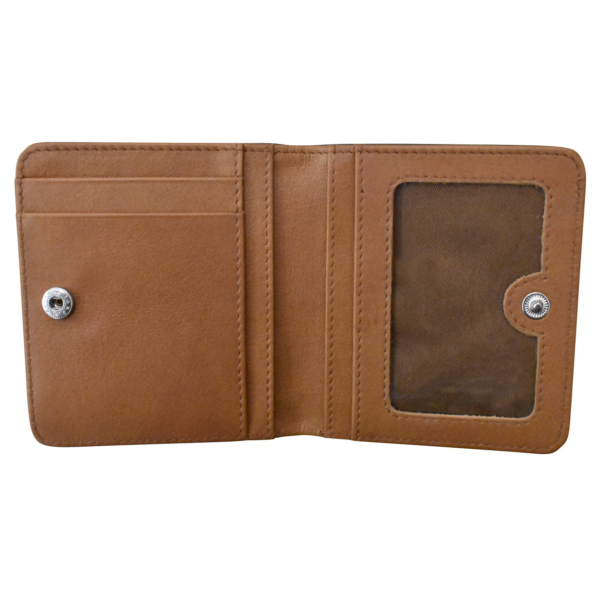 Brown leather wallet with a clear window on a white background