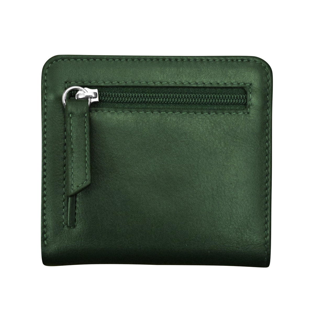 Green leather wallet with a zipper on a white background