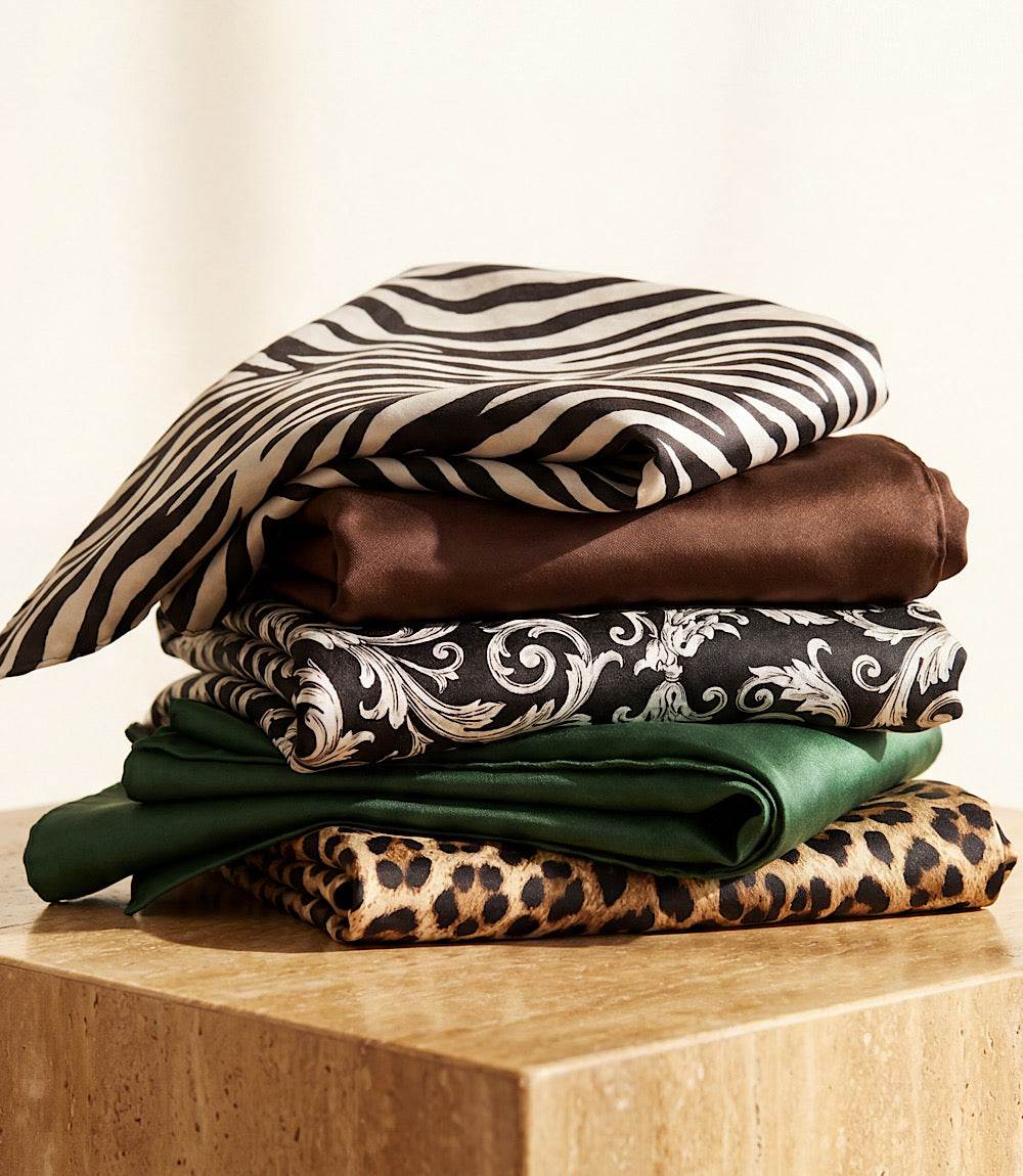 A stack of folded patterned fabric pieces displayed on a light wood block against a warm cream background. The fabrics include black and beige zebra print, brown, black and beige damask, dark green, and tan leopard print.