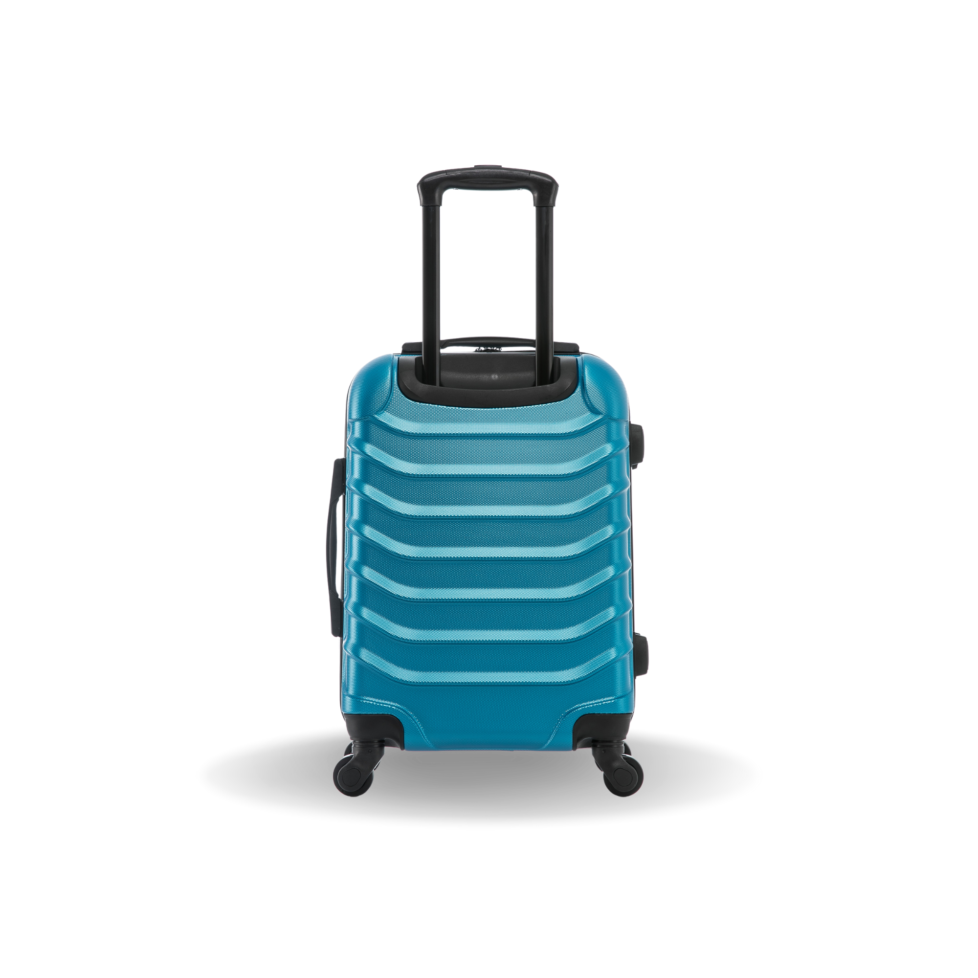 Blue suitcase with a striped pattern on a white background