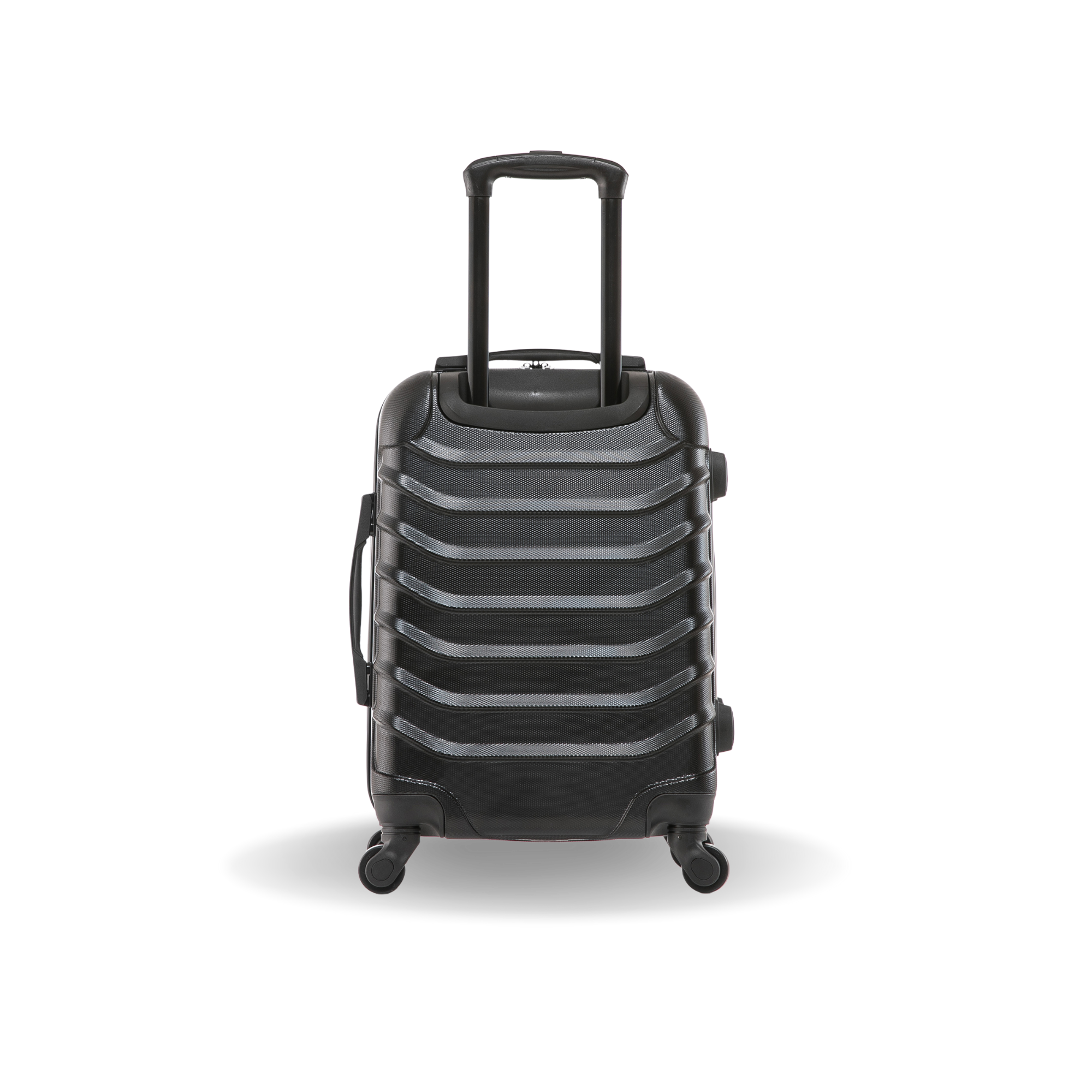 Black suitcase with a striped design on a white background