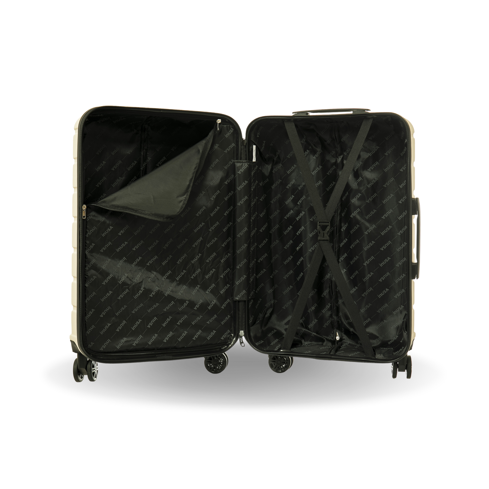 Black suitcase with open lid on a white background