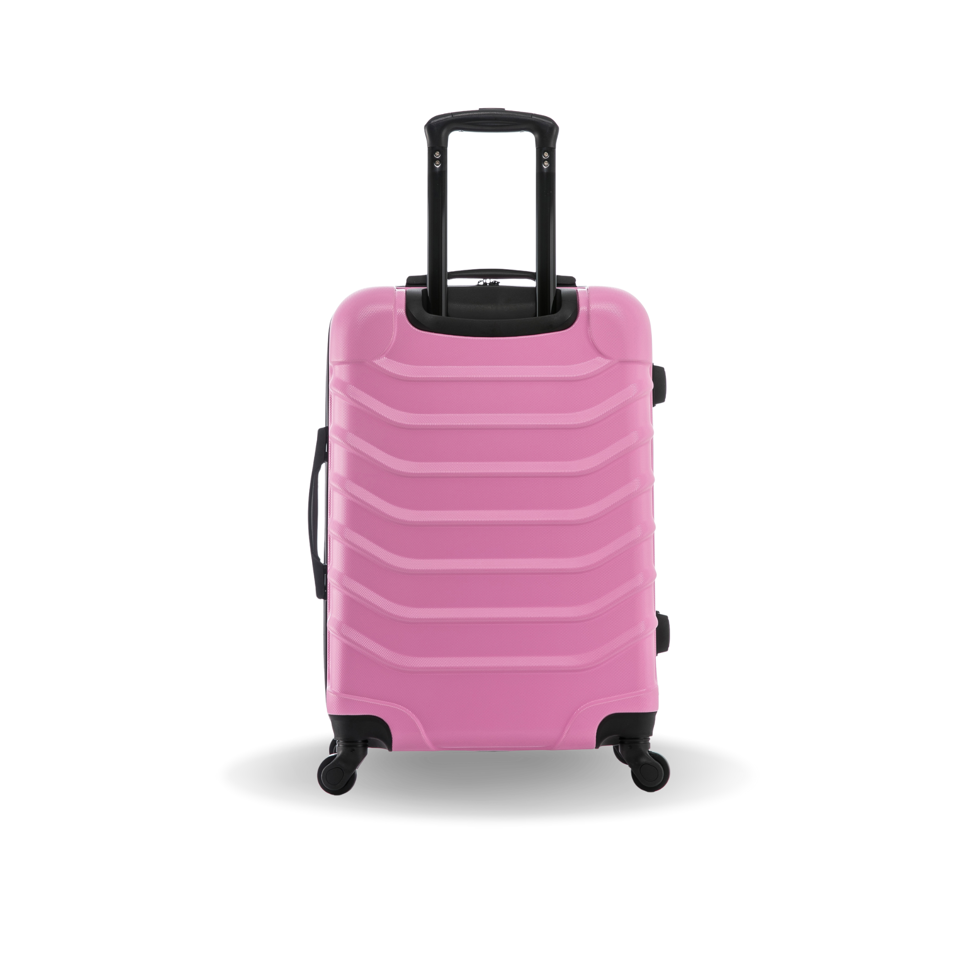 Pink suitcase with black handle and wheels on a white background