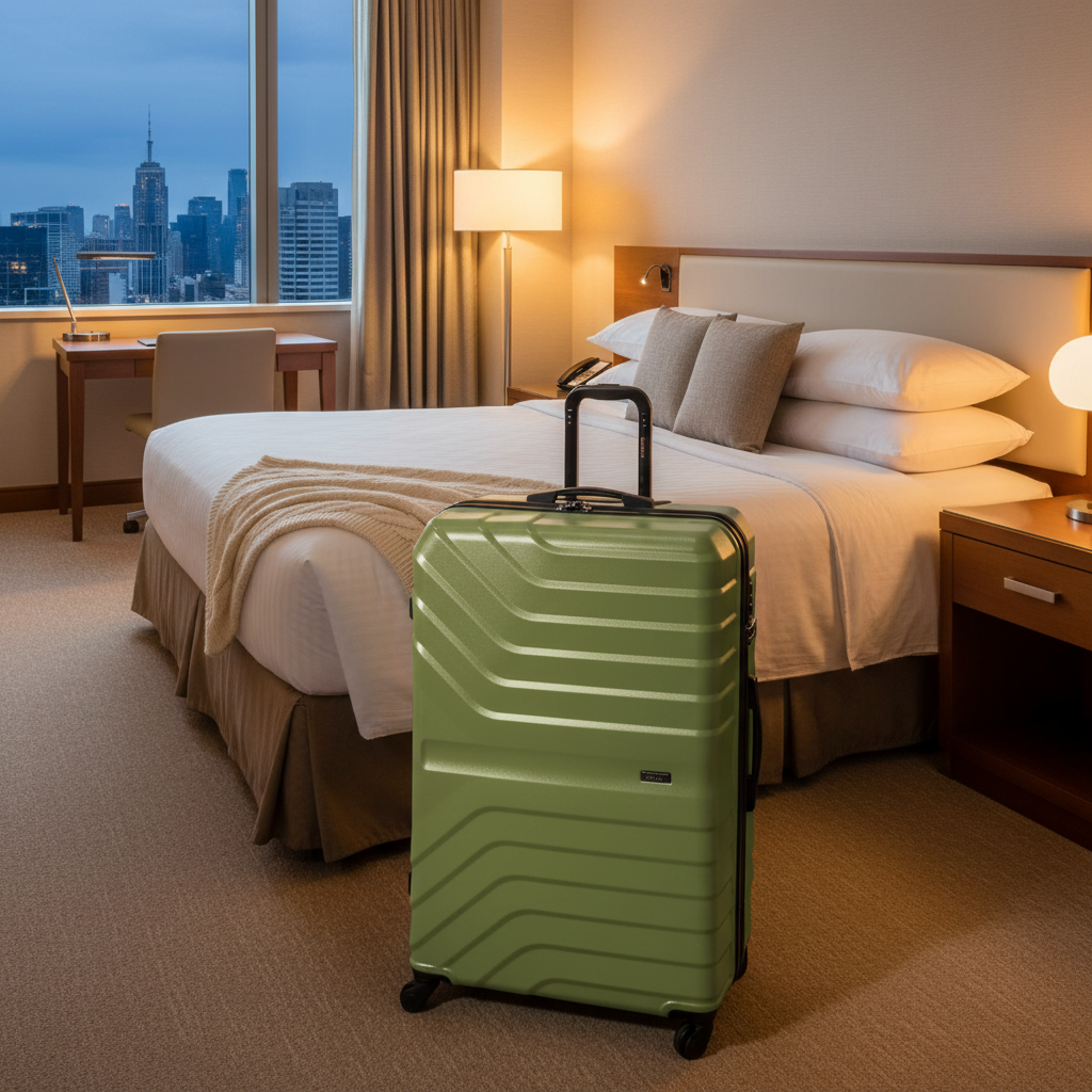 Green suitcase with black accents on a white background