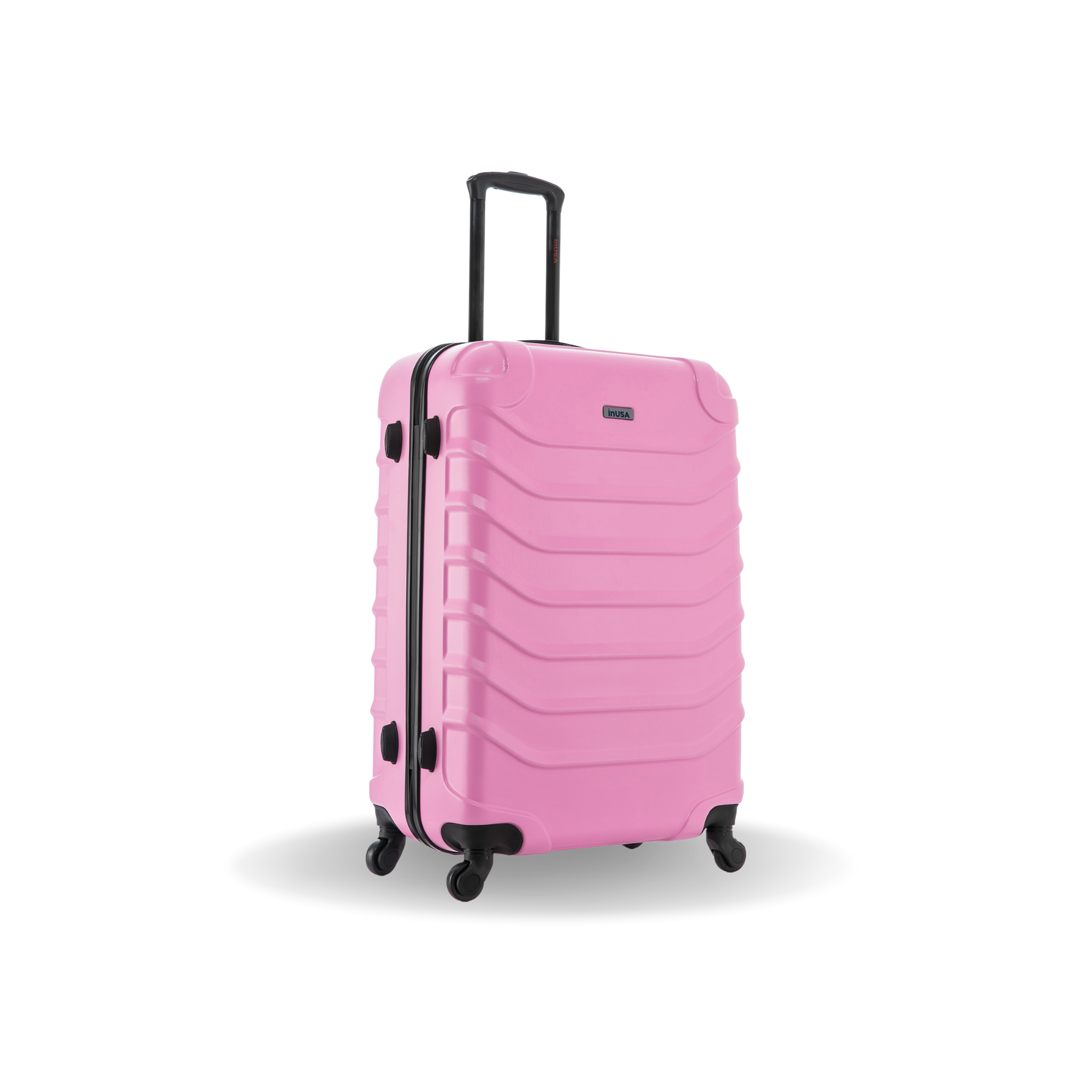Pink suitcase with black wheels on a white background