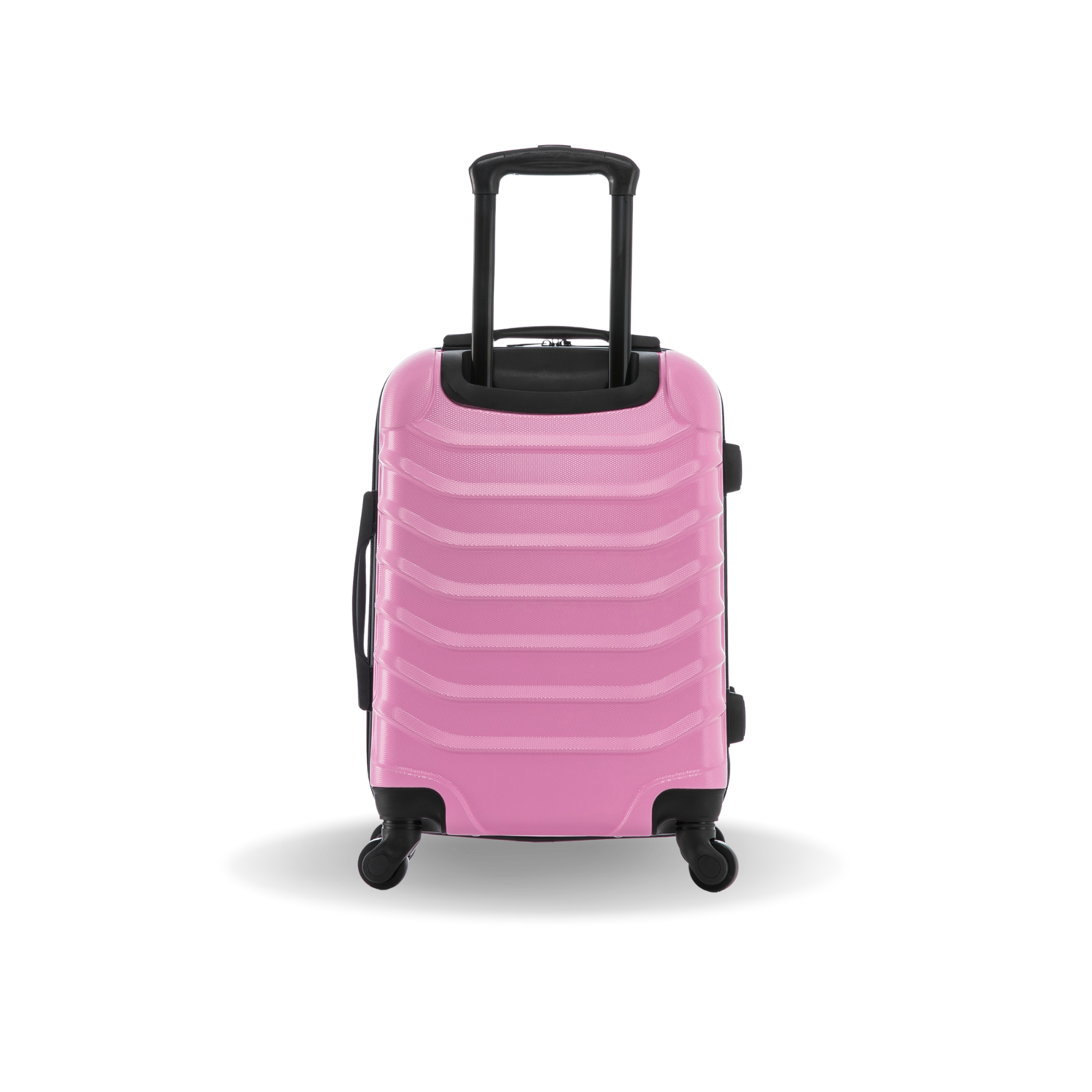 Pink suitcase with black wheels and handle on a white background