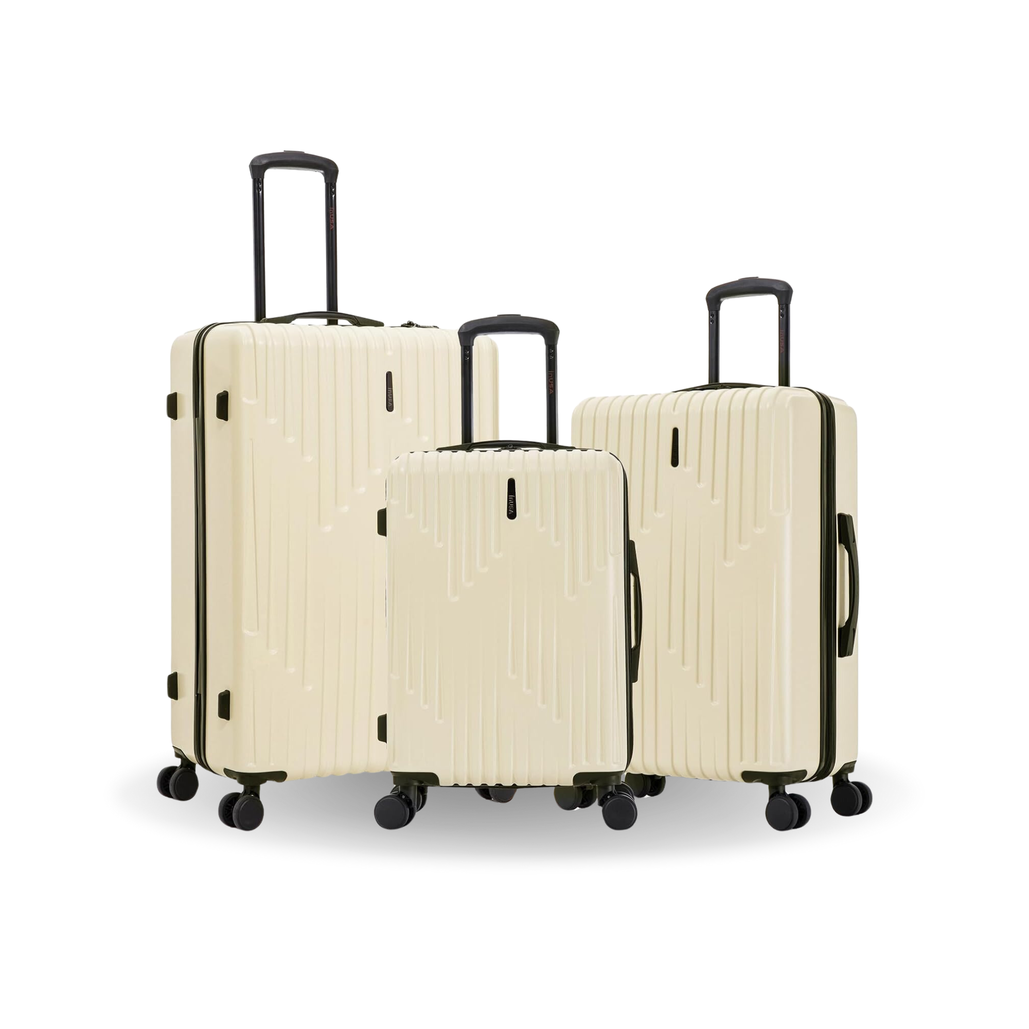 Set of three beige suitcases with black handles and wheels on a white background