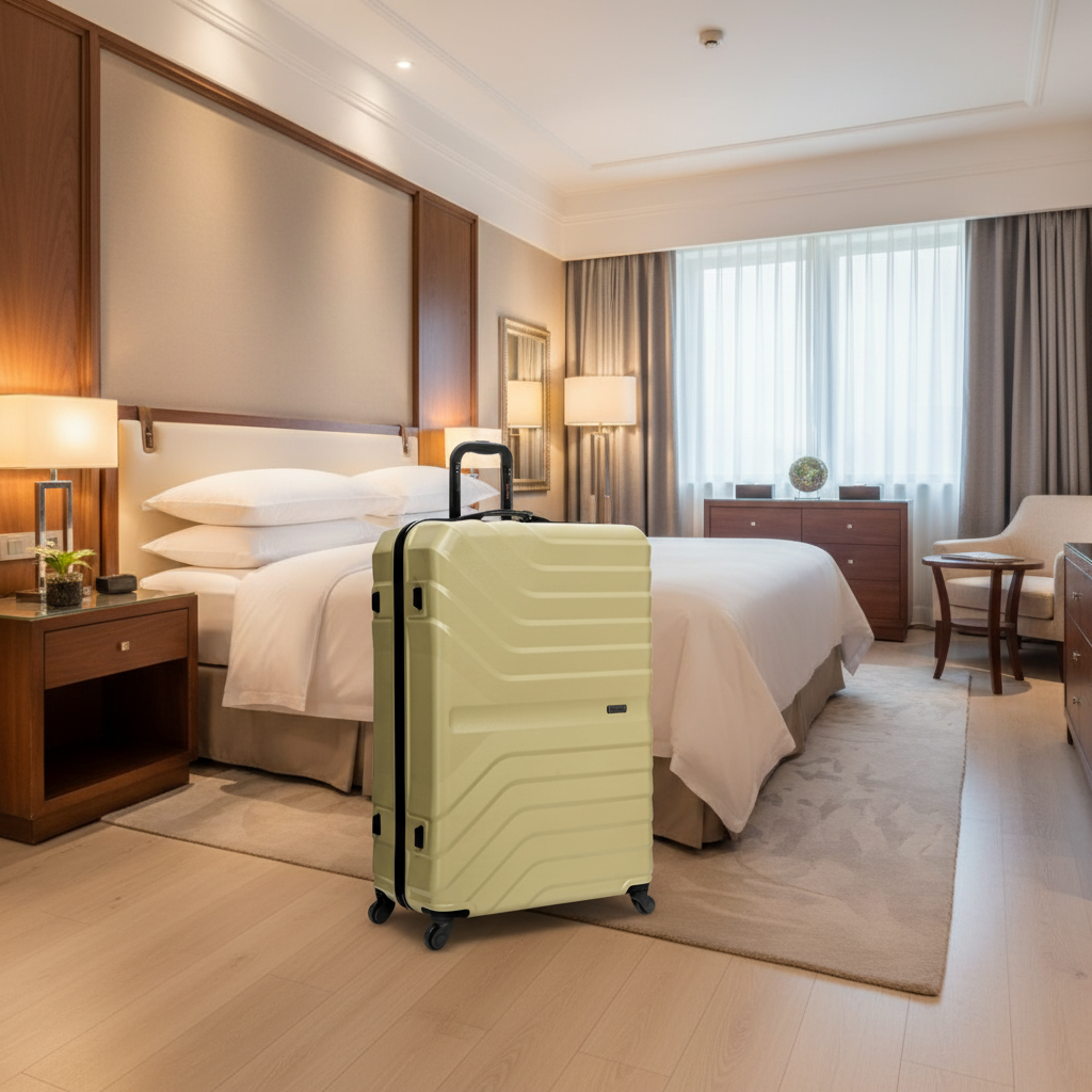Beige suitcase with black accents on a white background