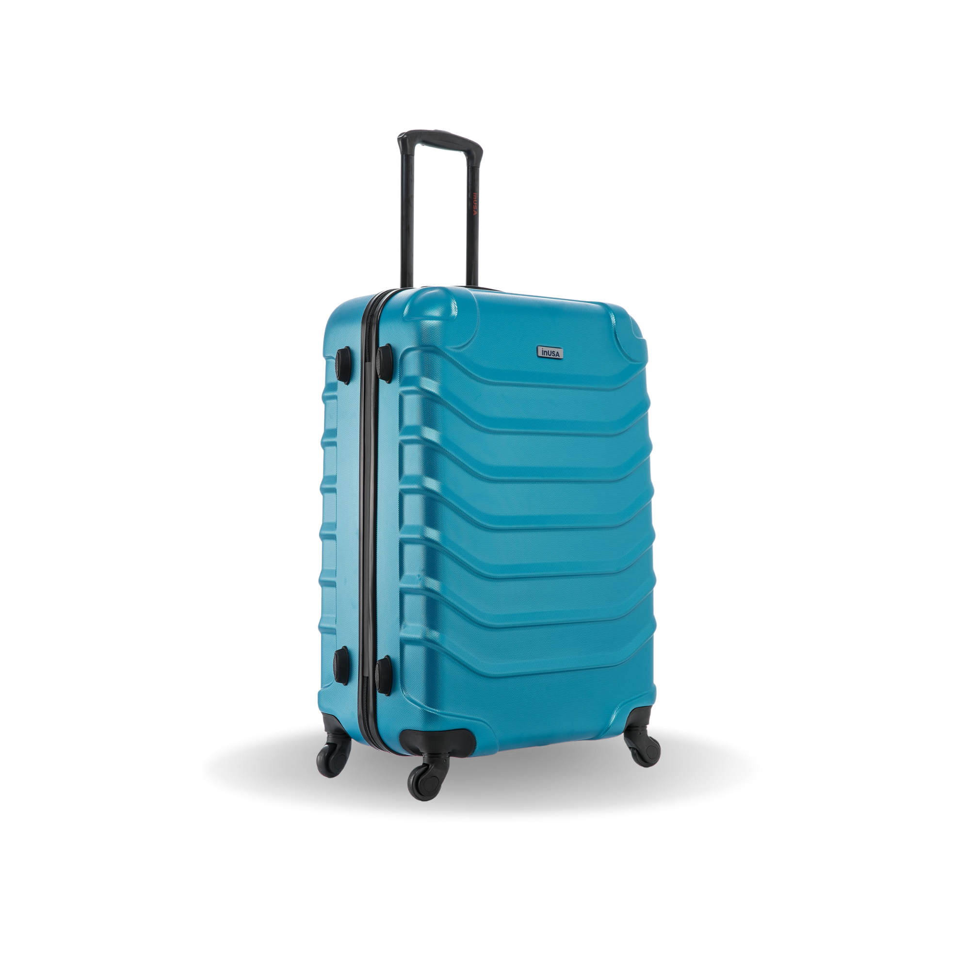Turquoise suitcase with a textured surface on a white background