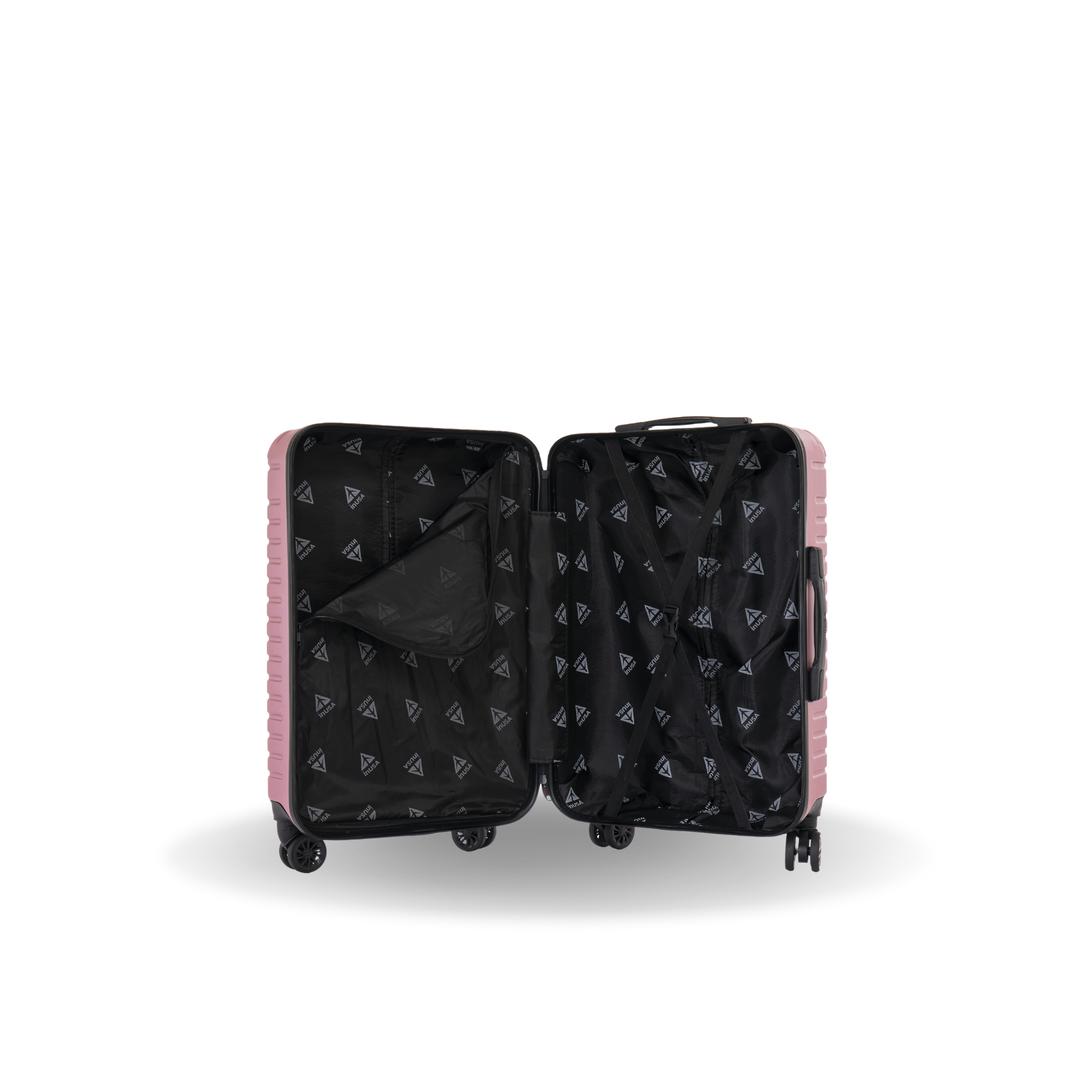 Open suitcase with pink exterior and black interior on a white background