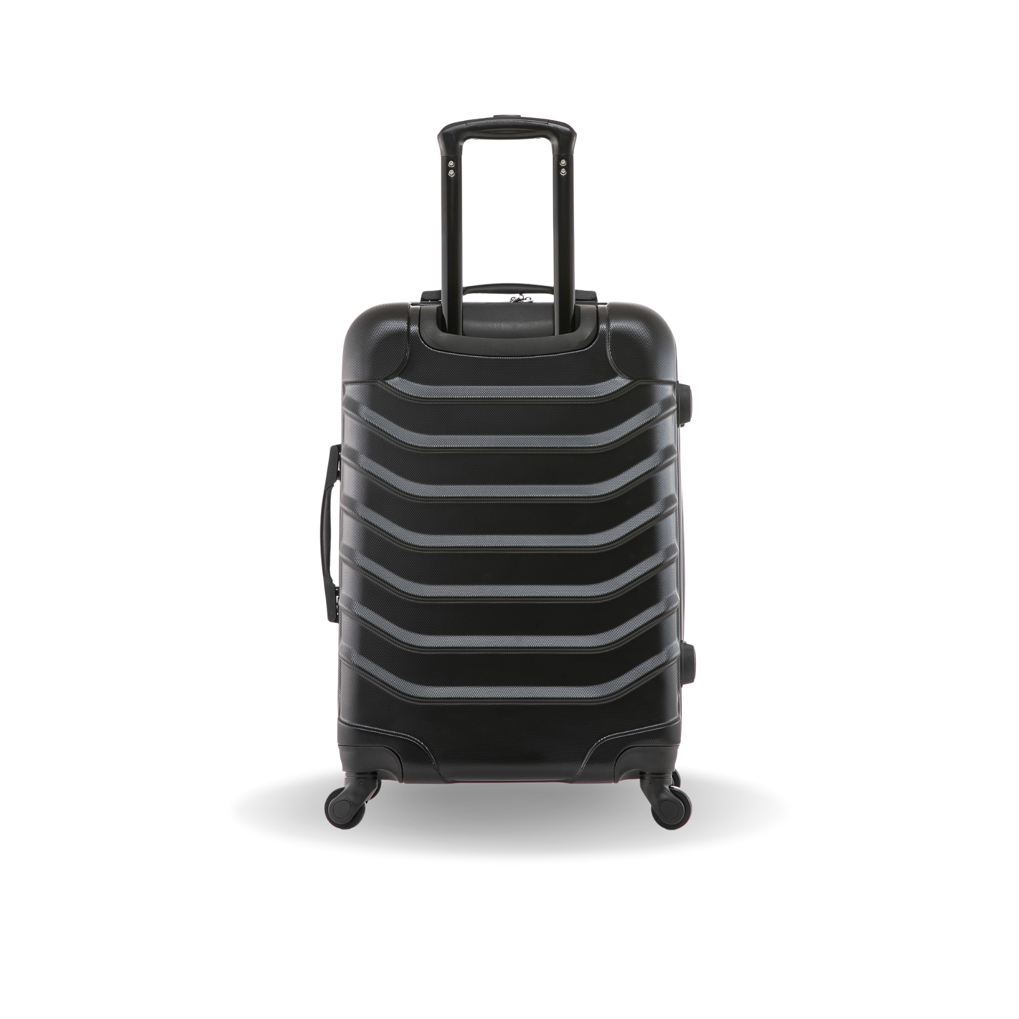 Black suitcase with striped design on a white background