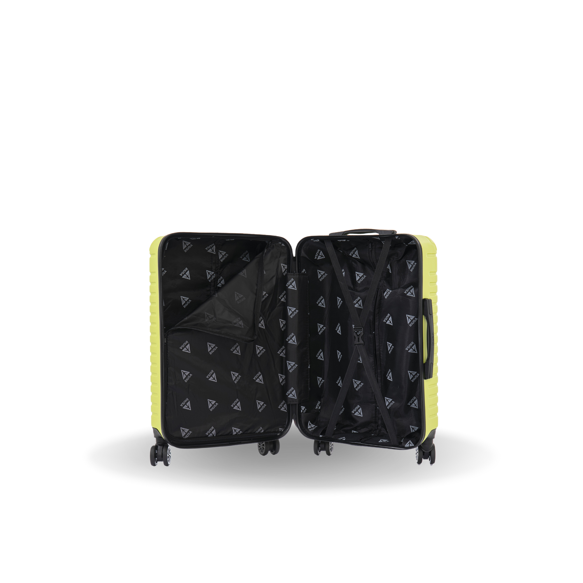 Open suitcase with black interior on a white background