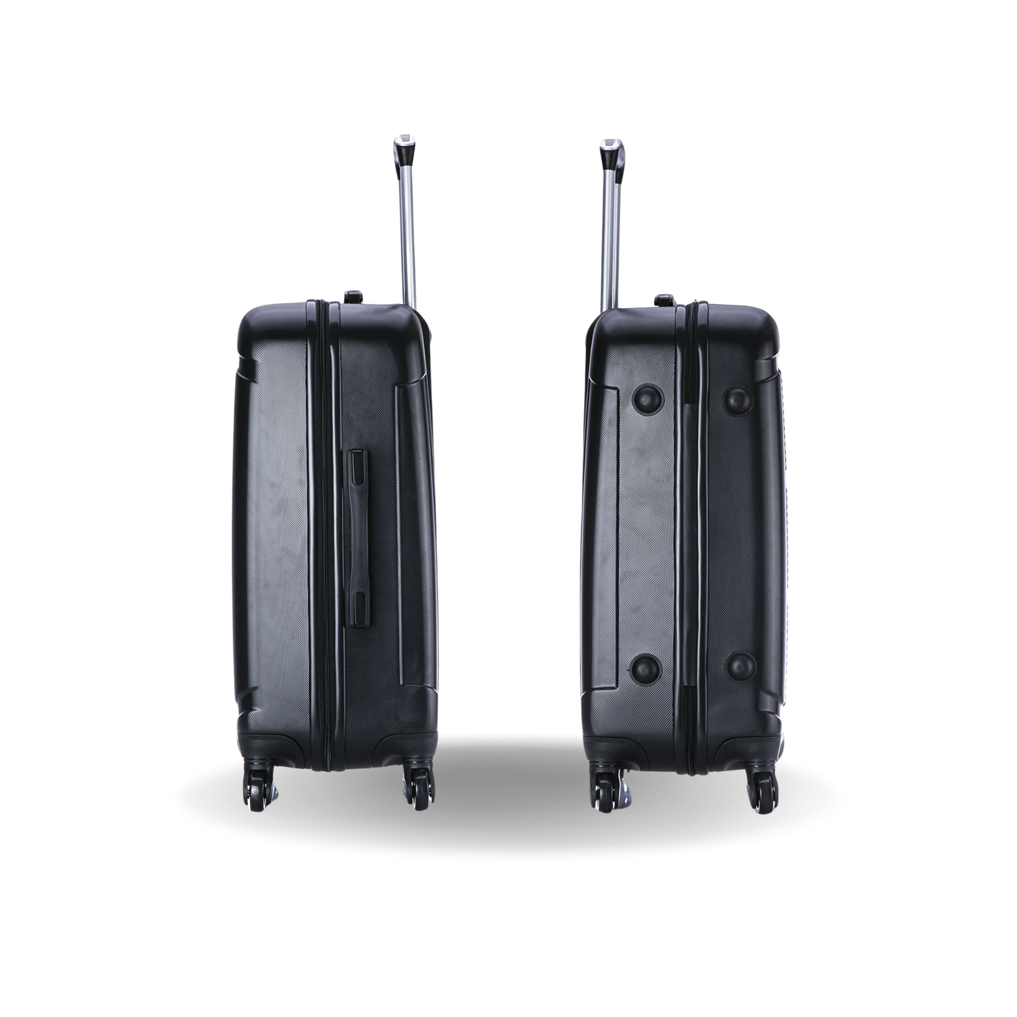 Two black suitcases with wheels on a white background