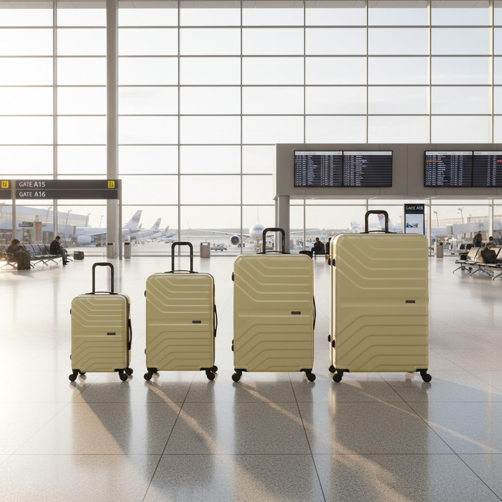 Set of four beige suitcases of different sizes on a white background