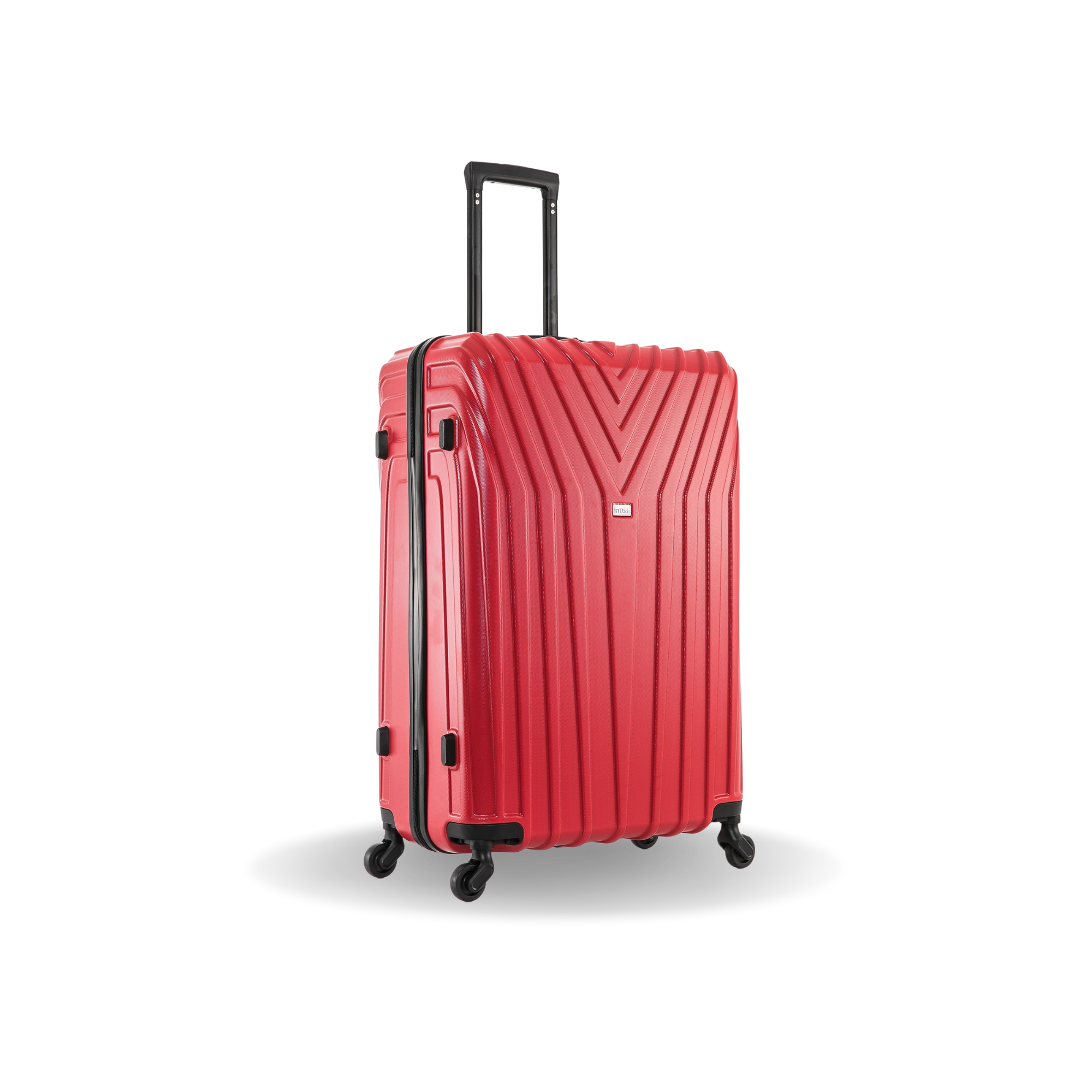 Red suitcase with a black handle on a white background