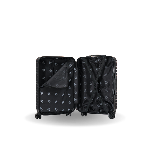 Black suitcase with open compartments on a white background