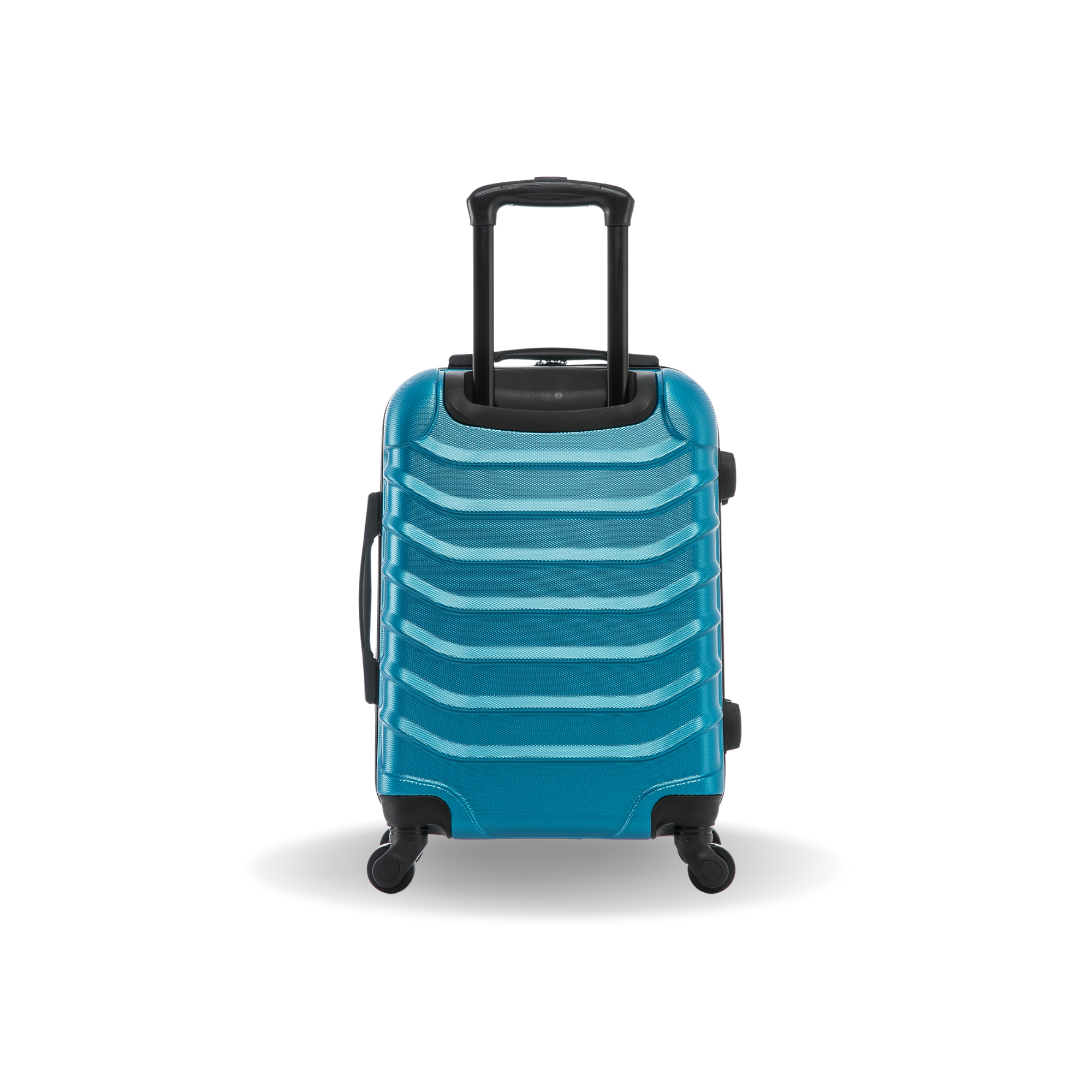 Blue suitcase with black handle and wheels on a white background