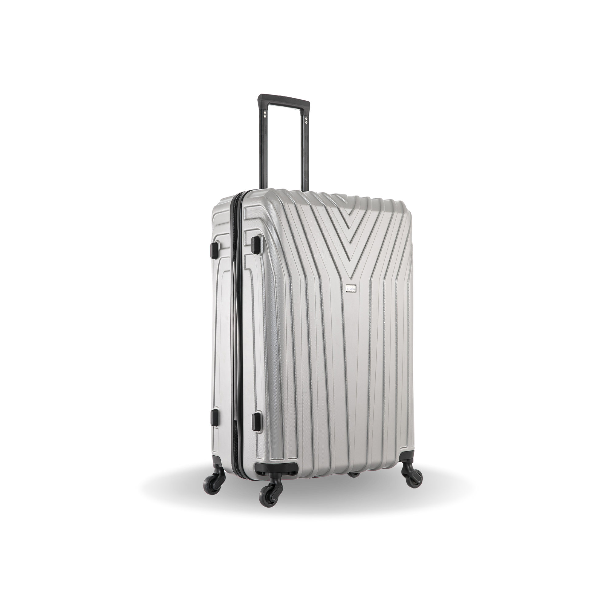 Silver suitcase with black wheels on a white background