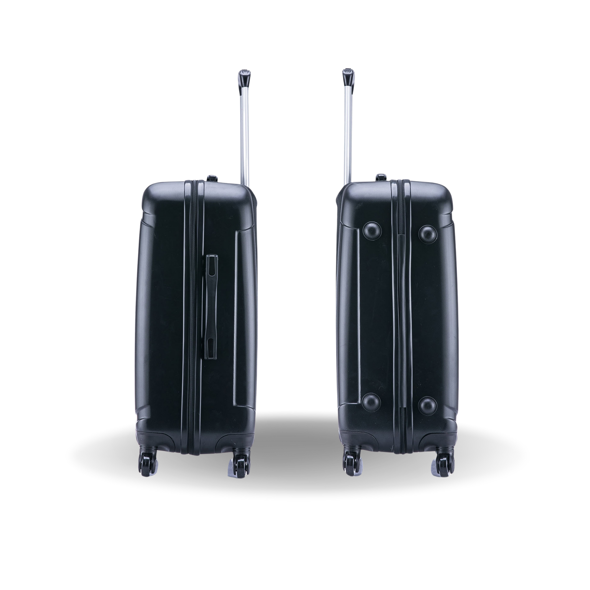 Two black suitcases with wheels on a white background