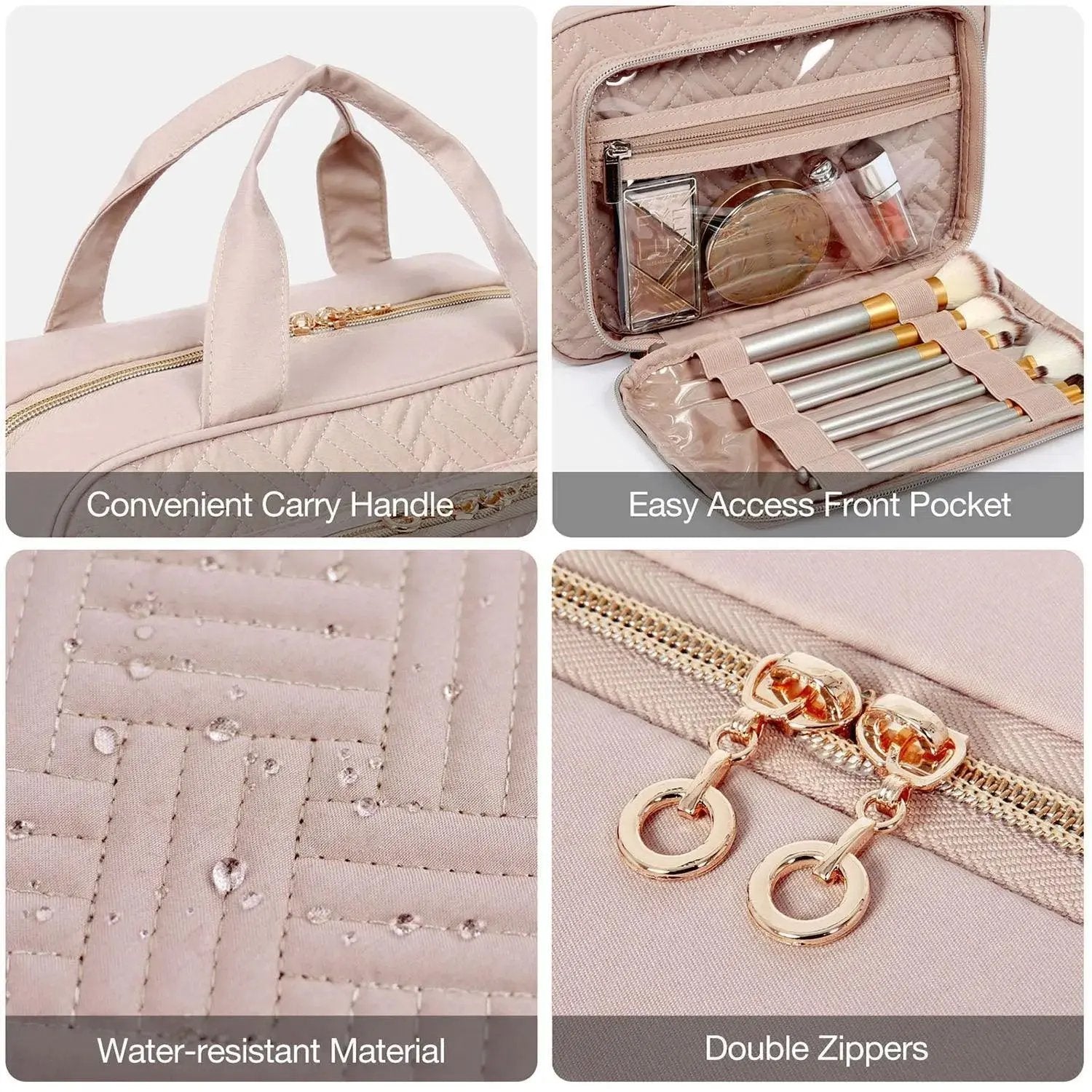 Collage of a pink travel bag with features highlighted.