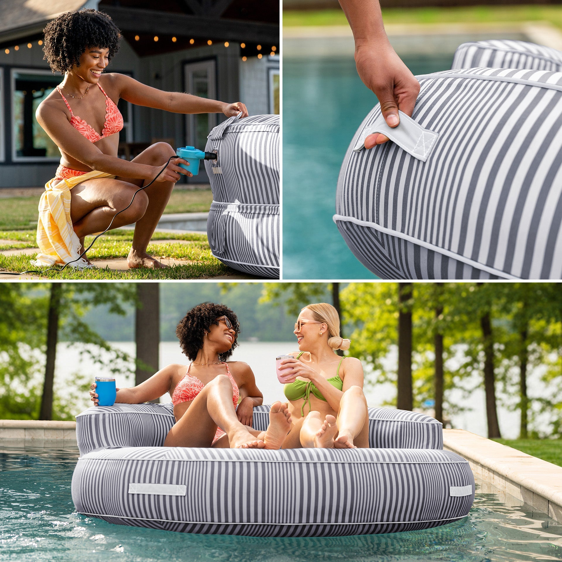 Collage of a woman using a portable inflatable lounger by a pool.