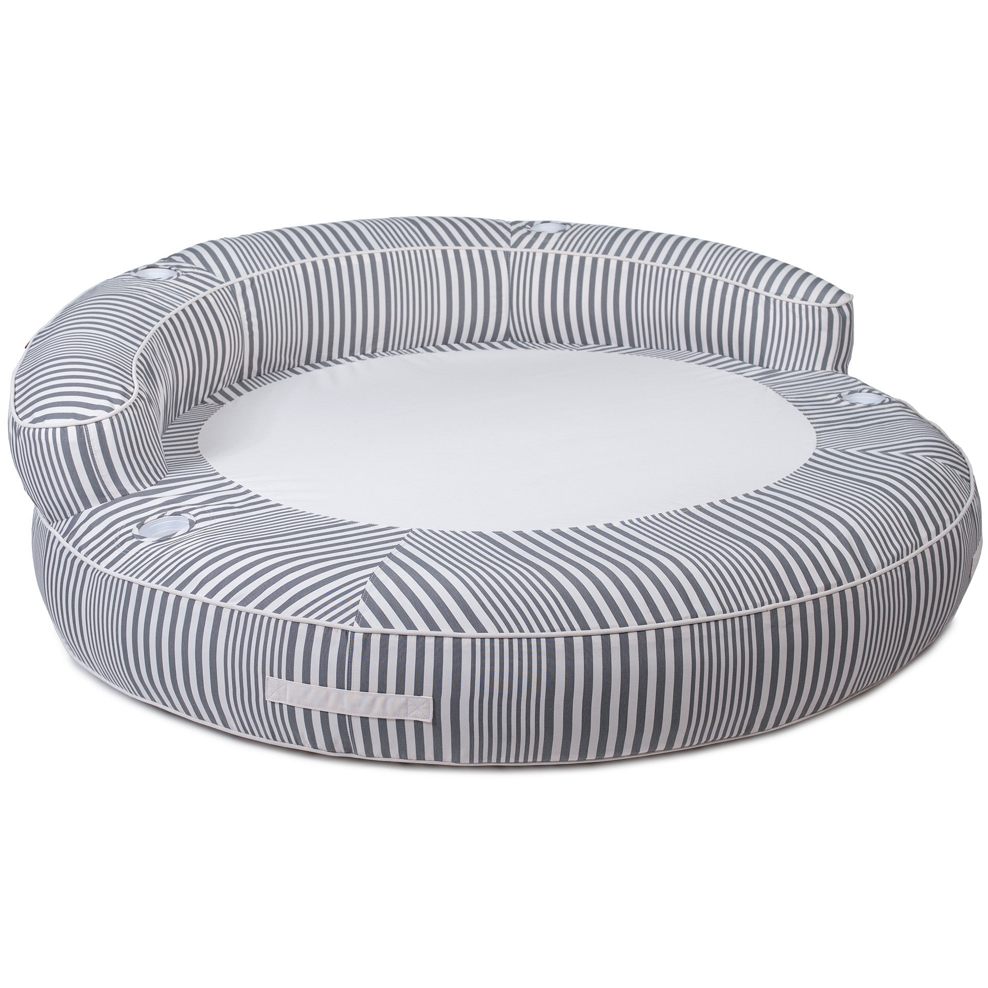 Round pet bed with striped pattern on a white background