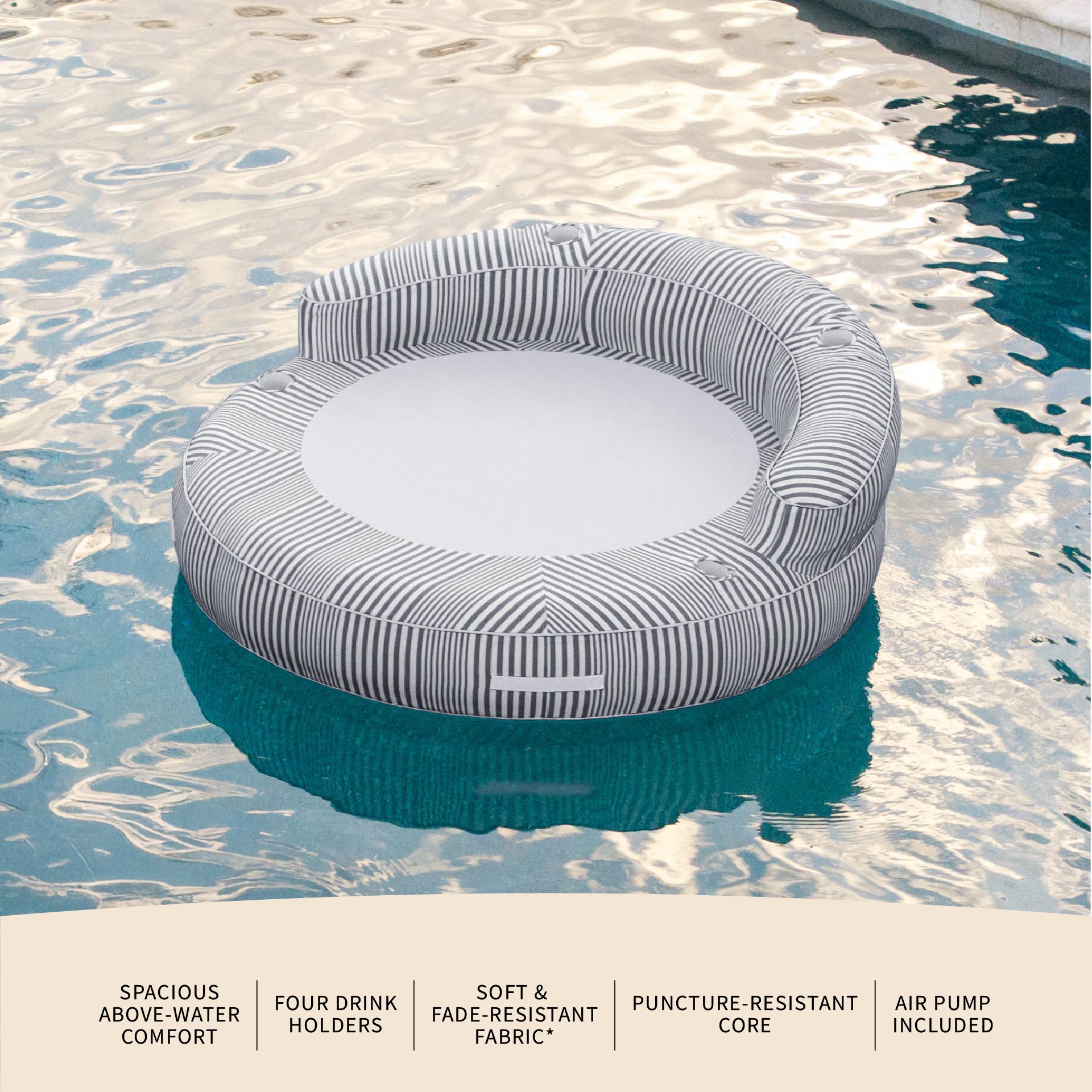 Inflatable pool float with striped design in a pool