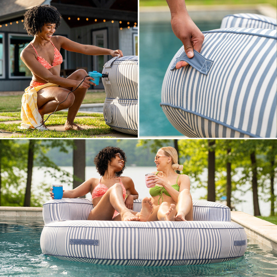 Collage of a striped inflatable pool float being used by people by a pool.