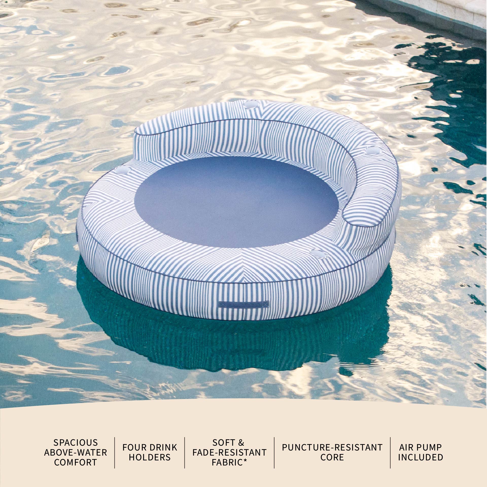 Inflatable pool float with drink holders floating in a pool