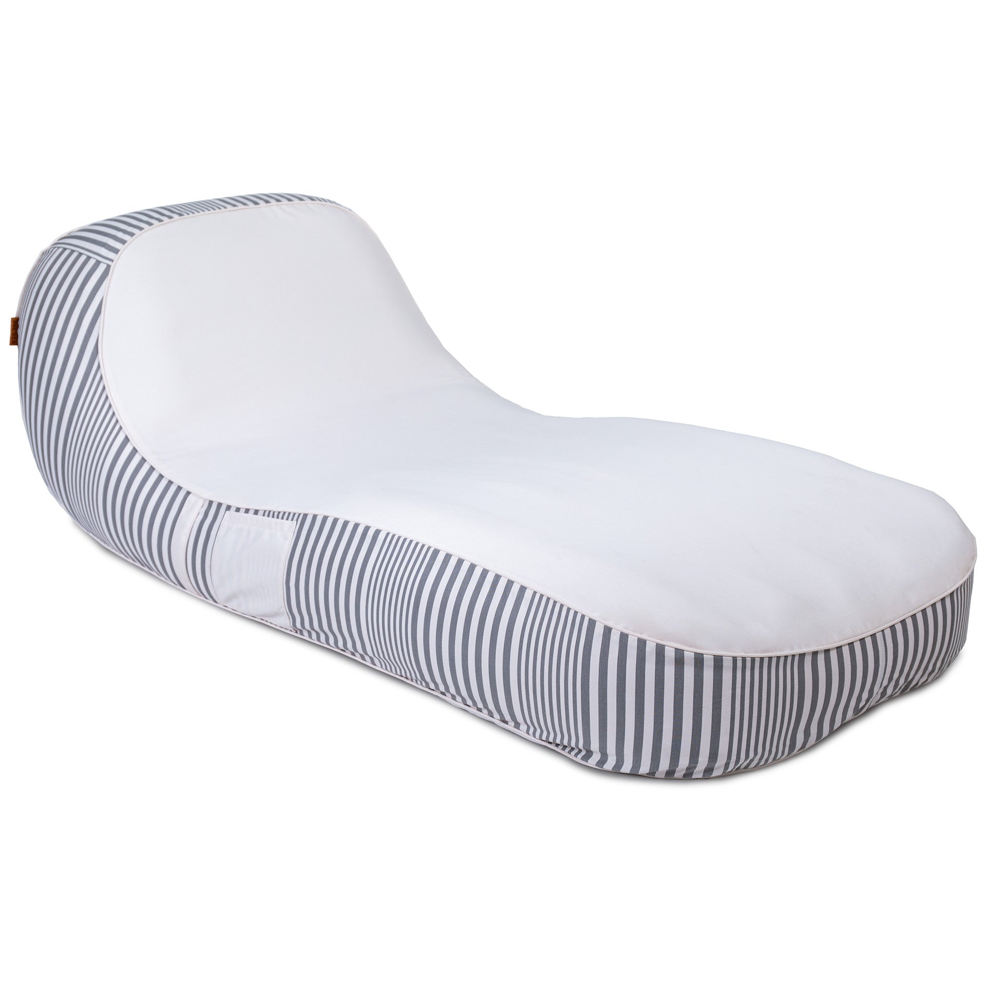 White and gray striped body pillow on a white background