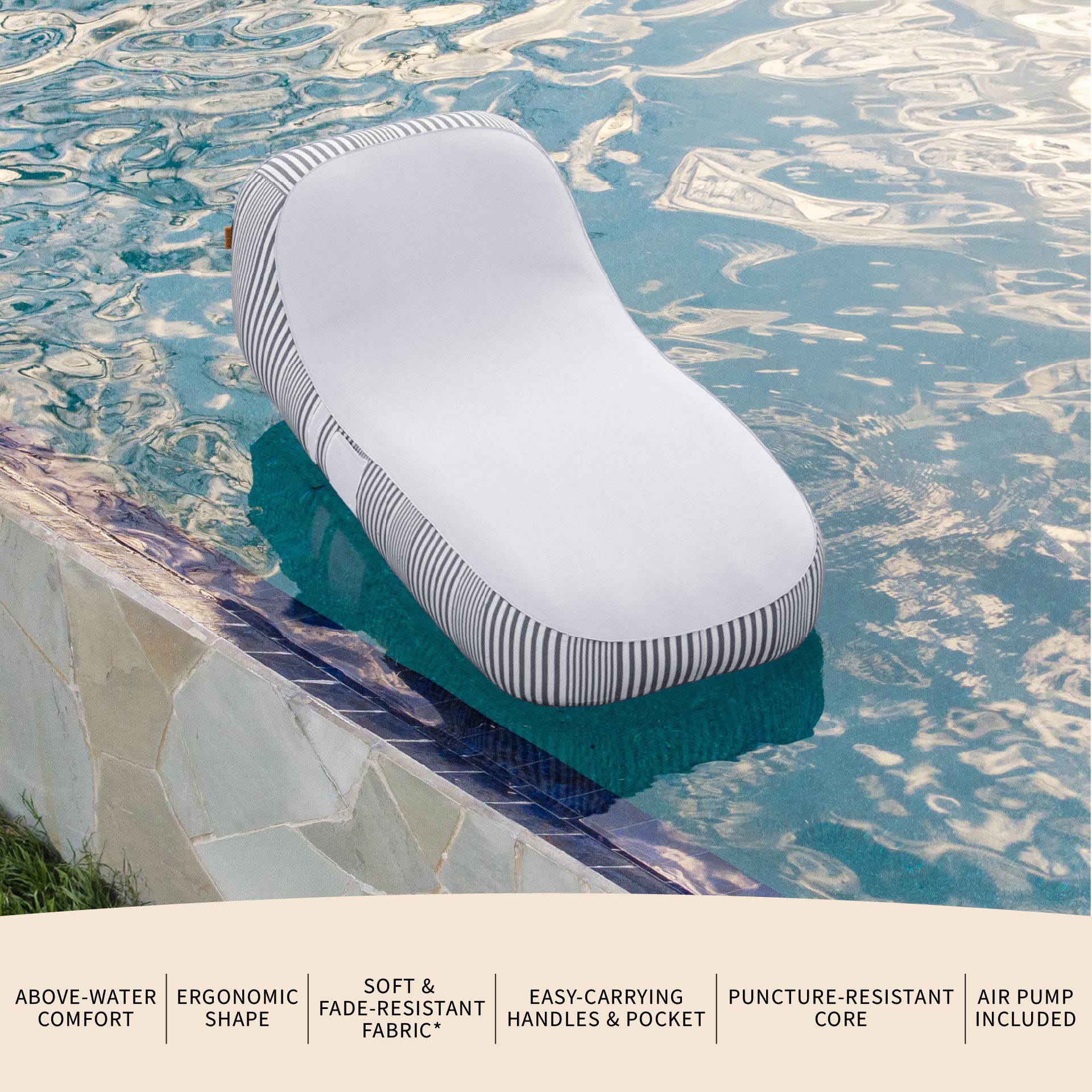 Inflatable lounge chair with striped design on a pool edge