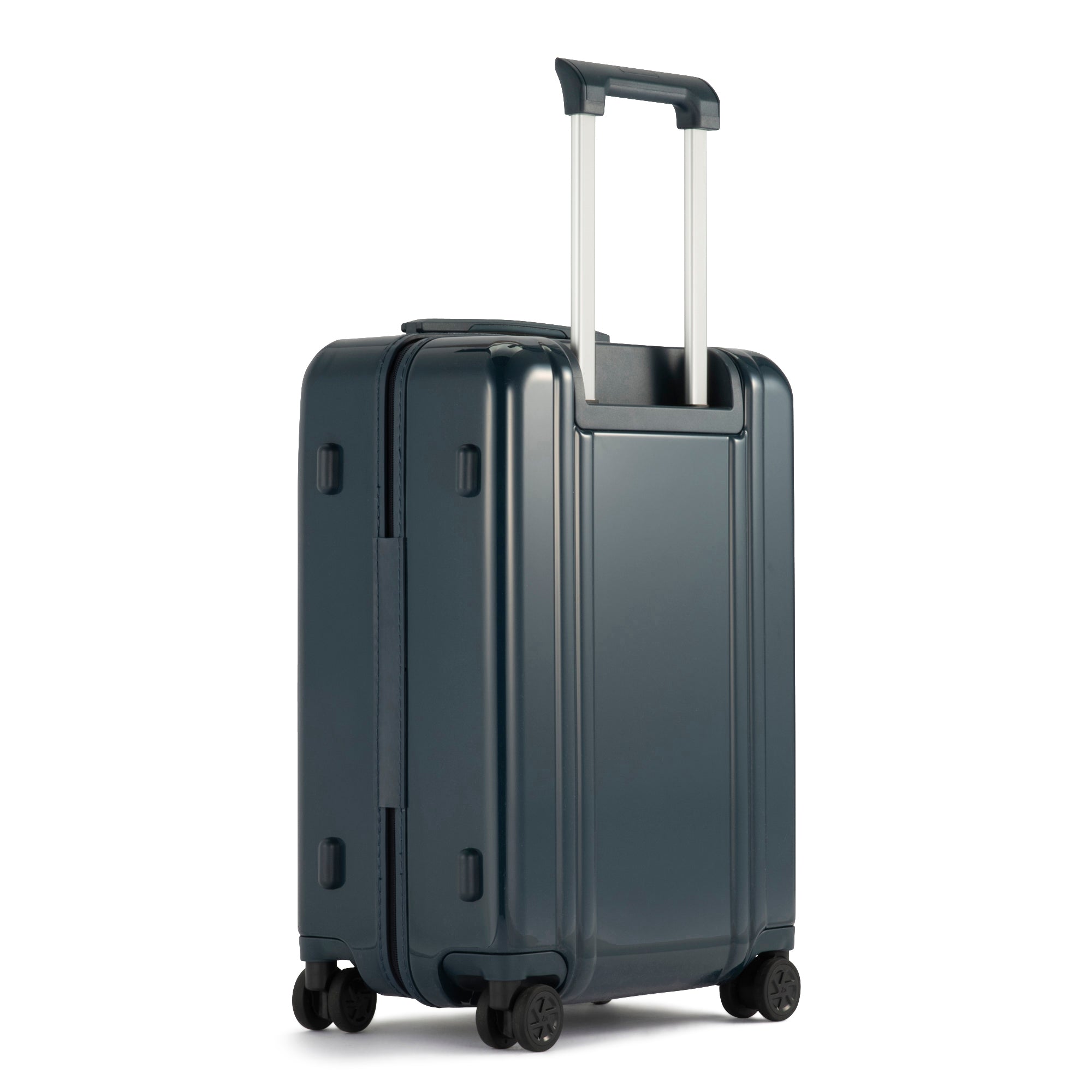Black suitcase with wheels and a handle on a white background
