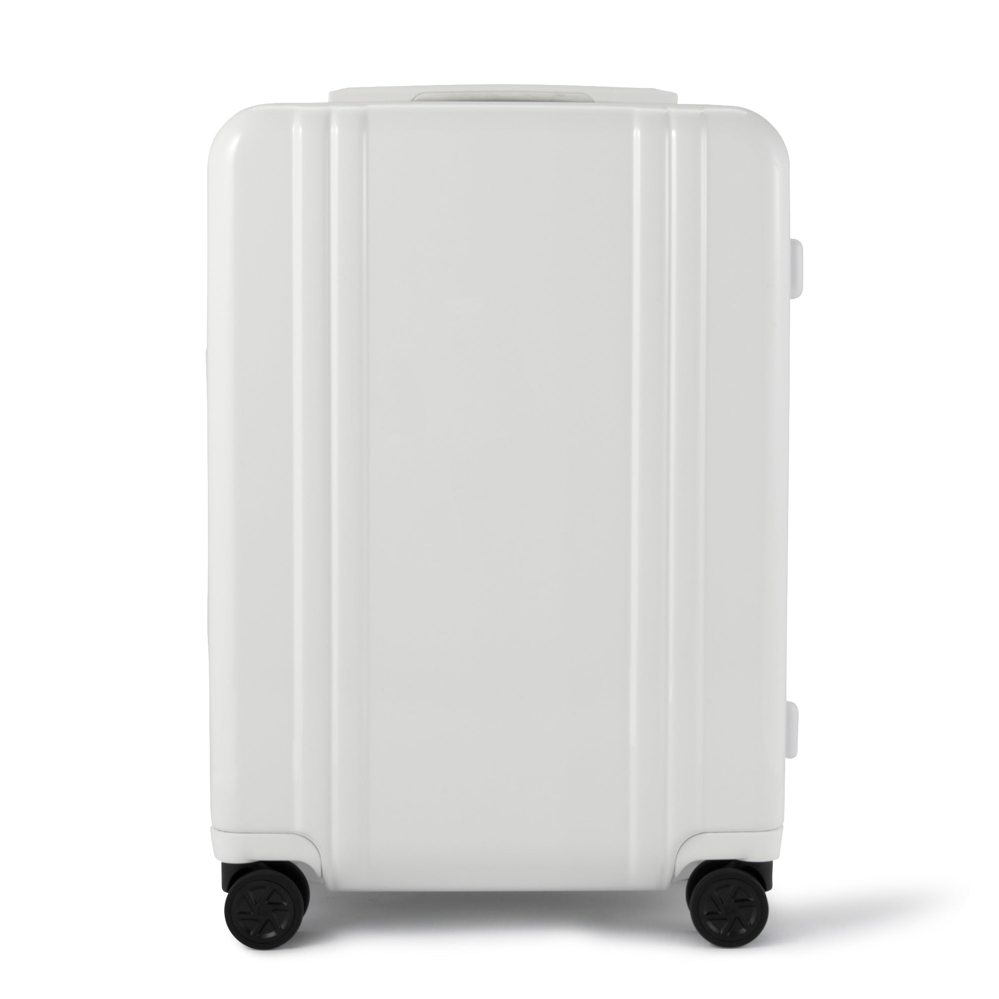 White suitcase with black wheels on a white background