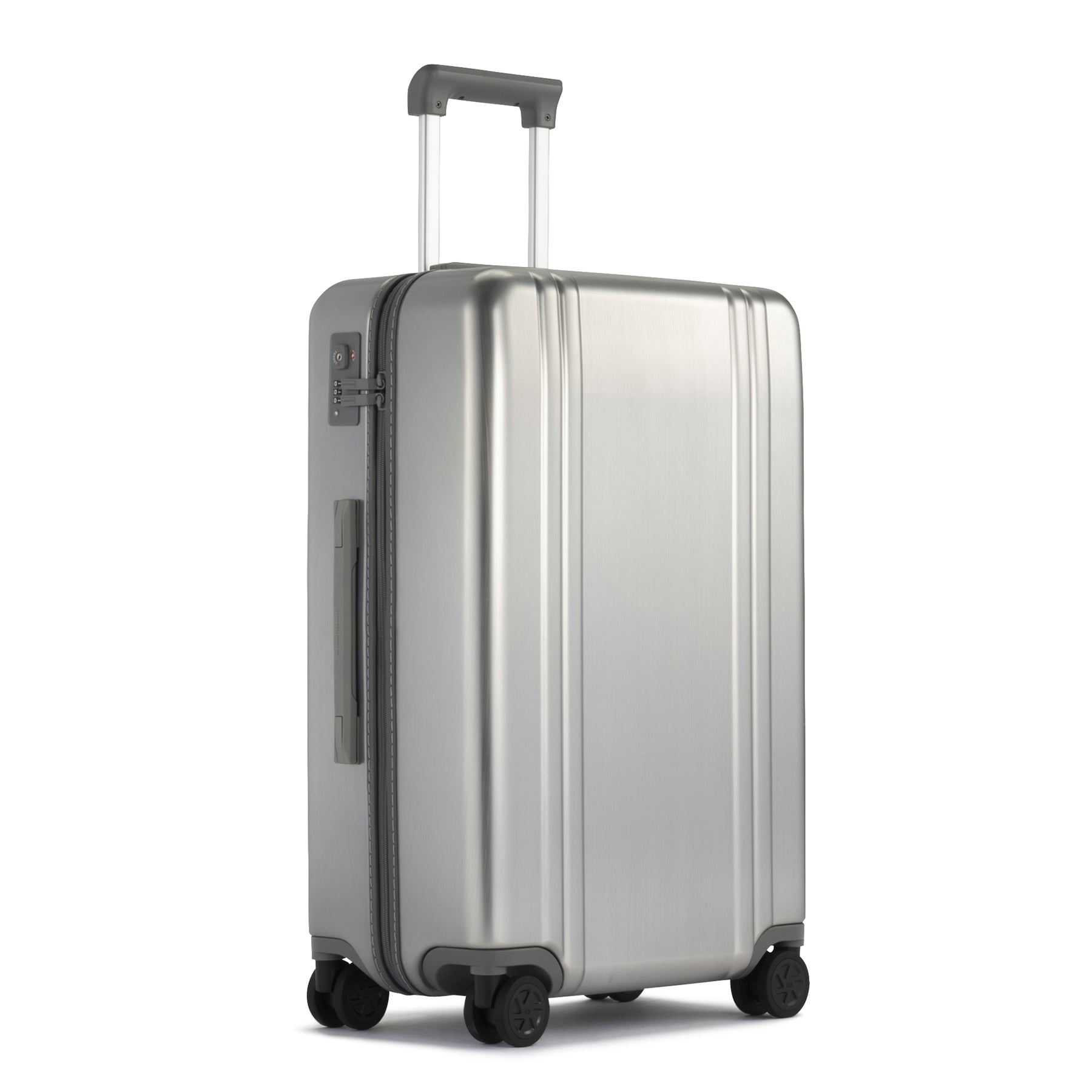 Silver suitcase with wheels and a handle on a white background