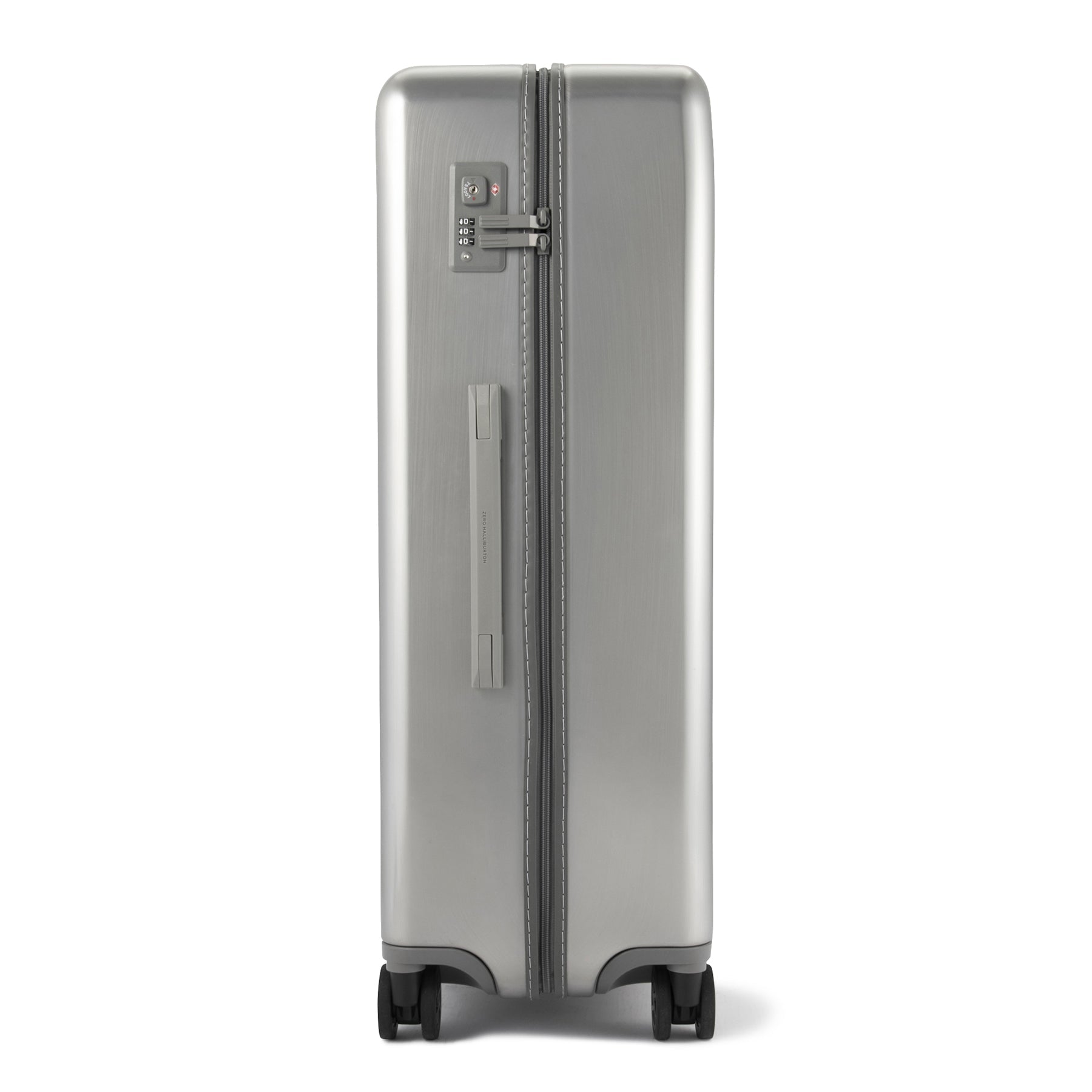 Silver suitcase with wheels on a white background