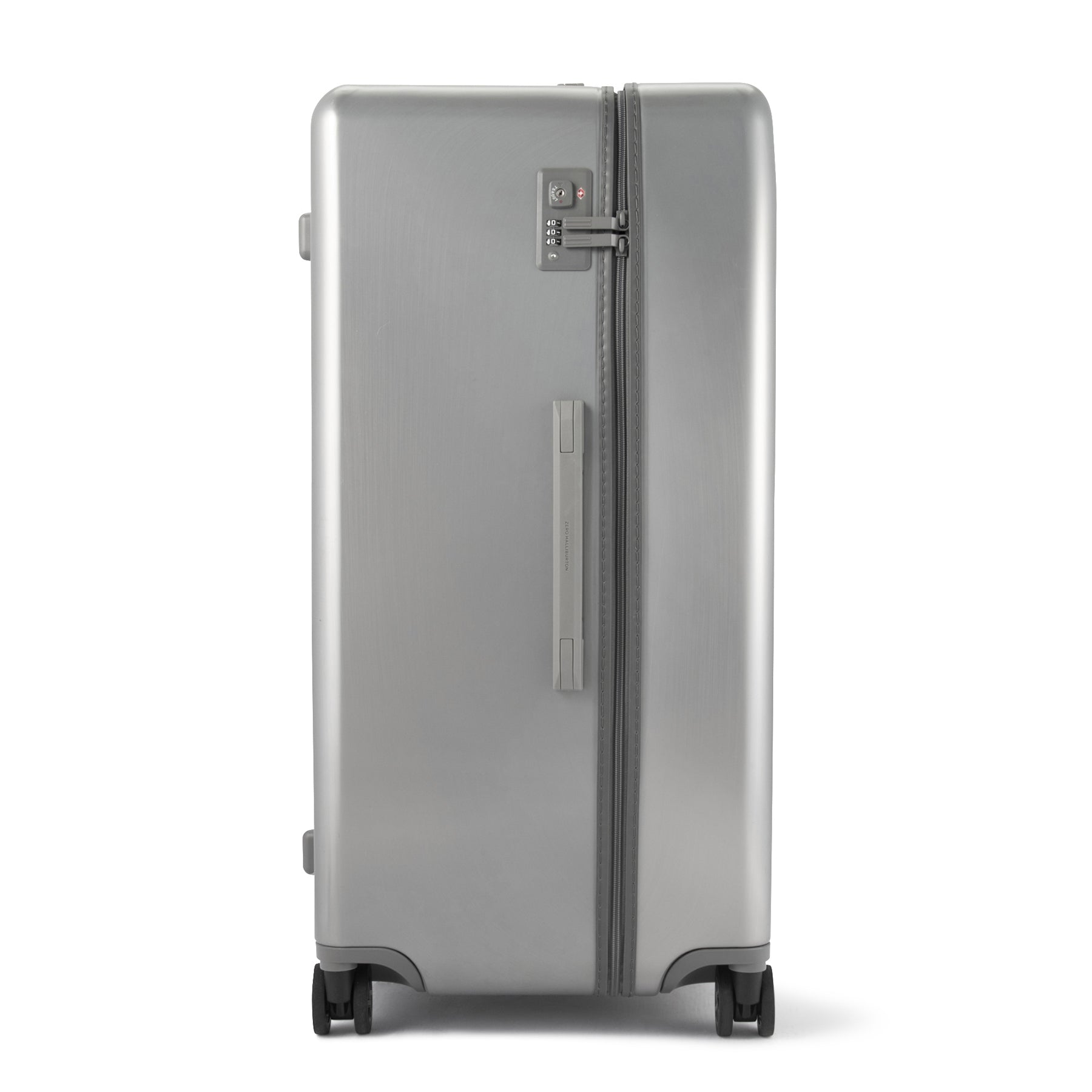 Silver suitcase with a handle on a white background