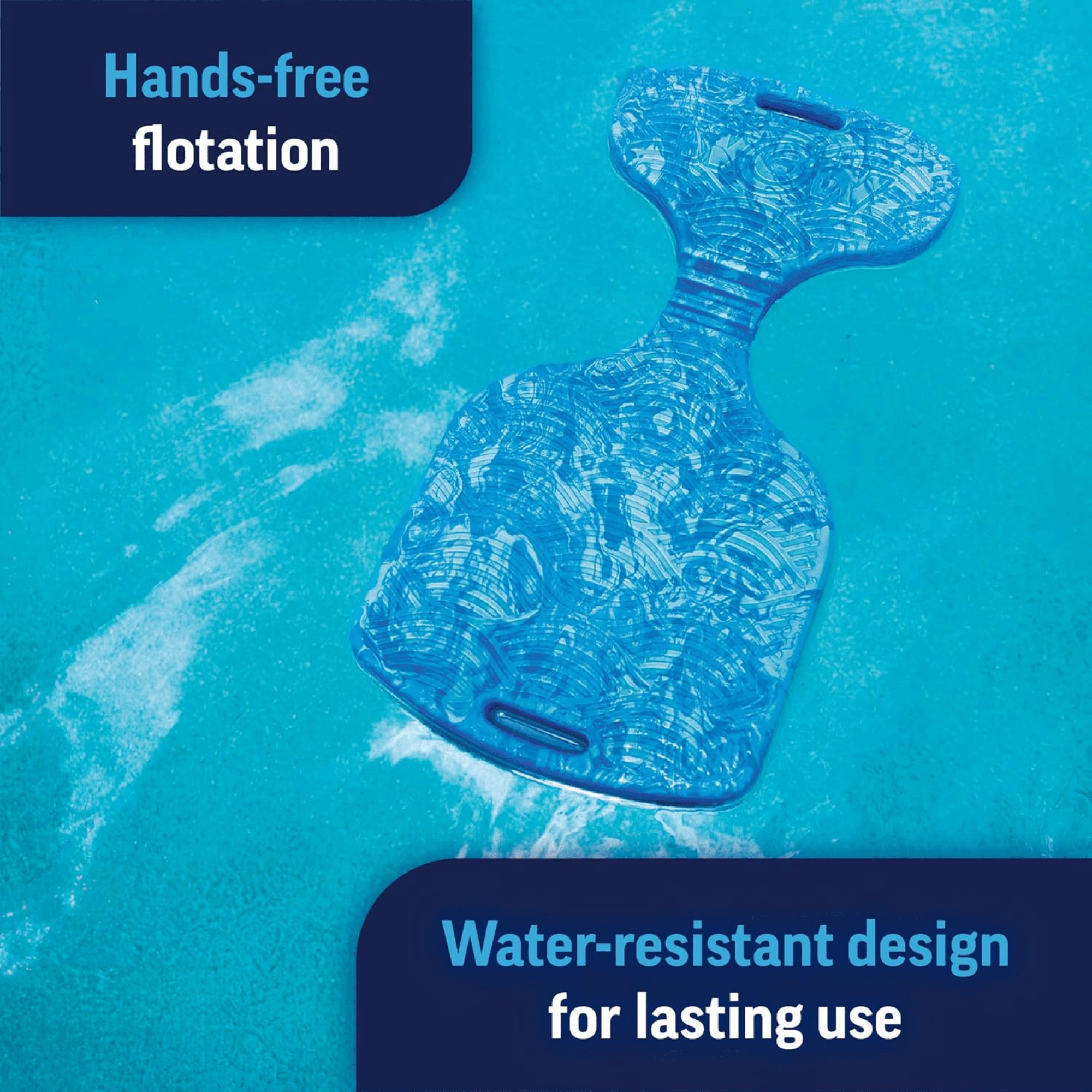 Blue浮力板 with text 'Hands-free flotation' and 'Water-resistant design for lasting use' on a blue background.