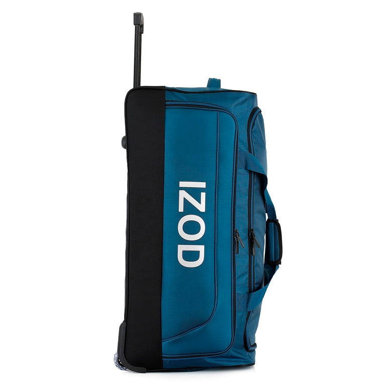 Blue and black duffel bag with 'IZOD' branding on a white background