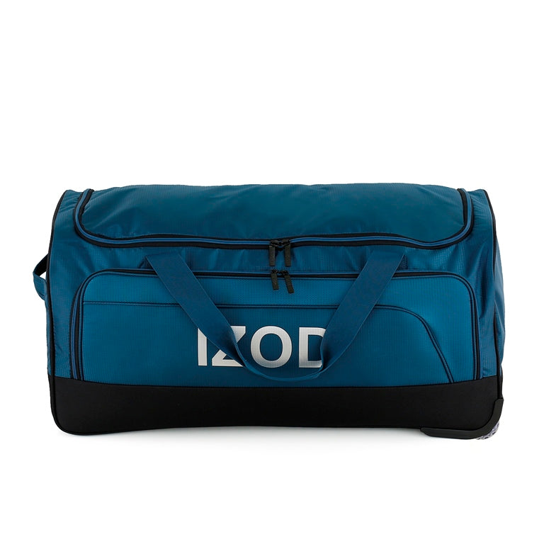Blue duffel bag with black bottom section on a white background