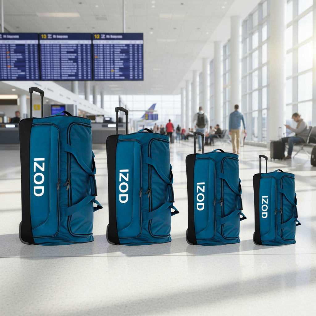 Four blue travel bags with 'IZOD' branding on a white background