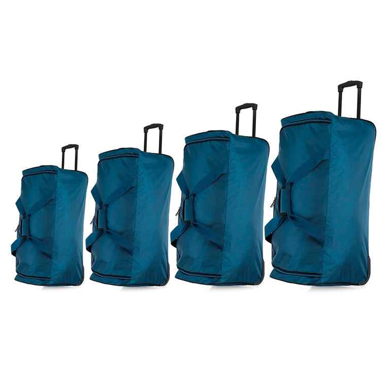 Set of four blue rolling duffels of different sizes on a white background