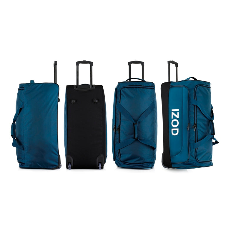 Four travel bags in blue and black with 'IZOD' branding on a white background