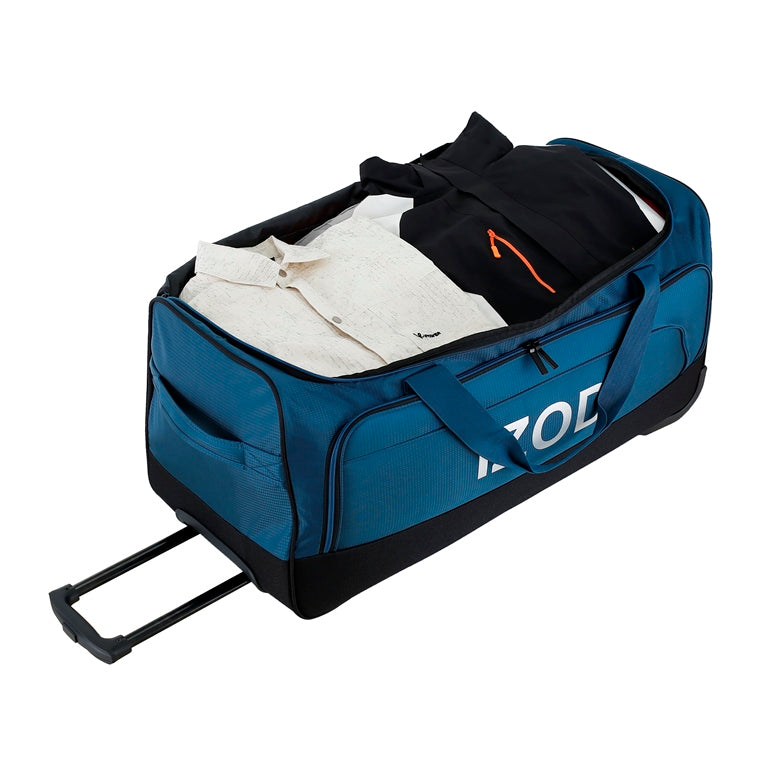 Blue duffel bag with clothes inside on a white background