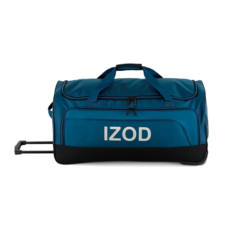 Blue duffel bag with 'IZOD' branding on a white background