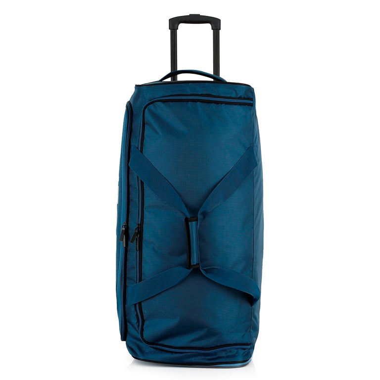 Blue rolling suitcase on a white background