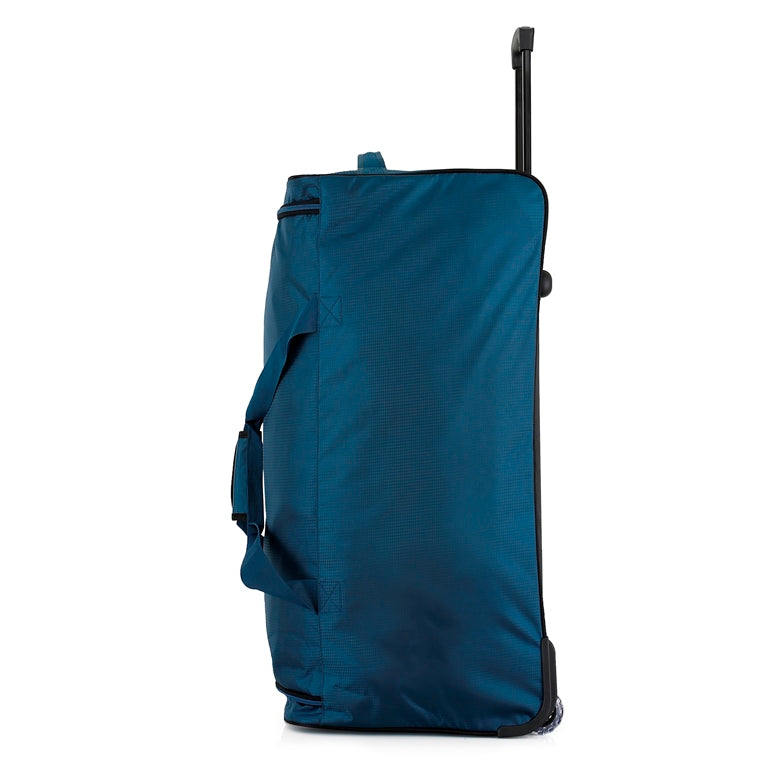 Blue rolling suitcase on a white background