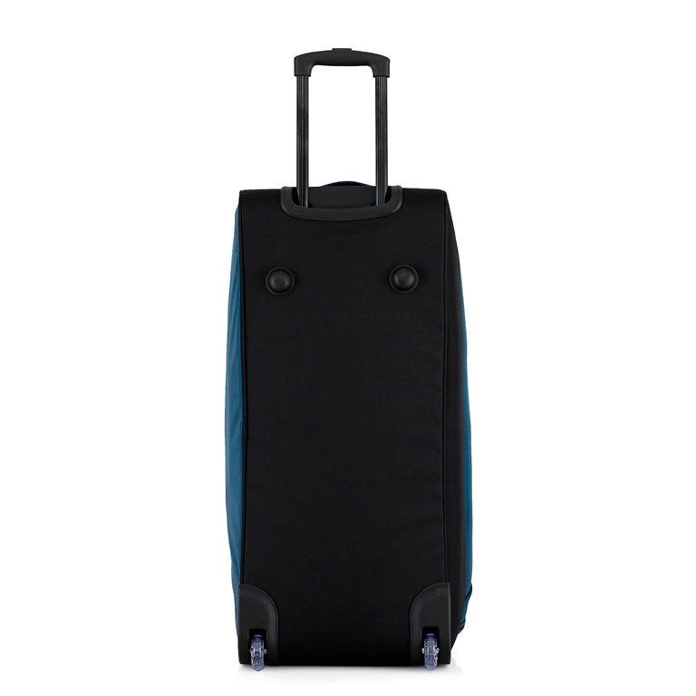 Black suitcase with wheels on a white background